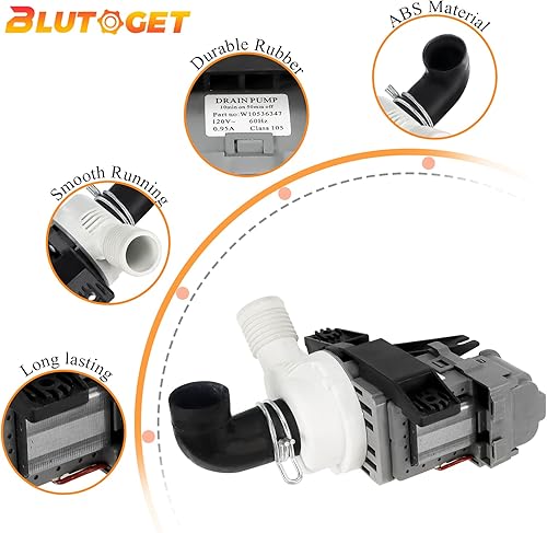 Miniatura 2 de Blutoget W10536347 W10155921 W10049390 - Conjunto de bomba de drenaje para lavadora Whirlpool Ken-more - Sustituye a W10217134 AP5650269 W10281682-