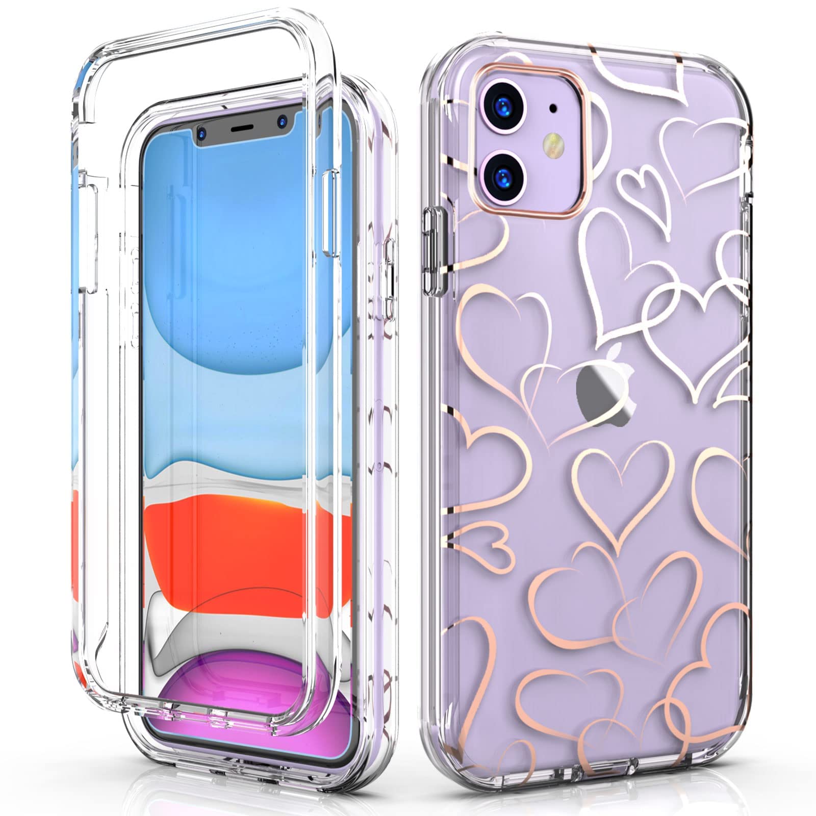 Hasaky Case for iPhone 11 Case,Crystal Clear Sparkle Glitter Slim Cute Love Heart Case for Girls/Women,Dual Layer Hybrid Bumper TPU+PC Heavy Duty Full-Body Shockproof Protector Phone Case -Rose Gold