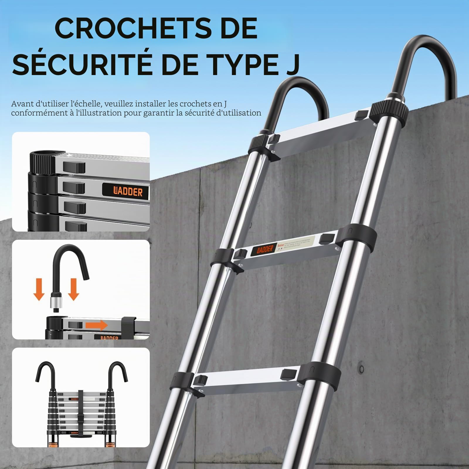 Échelle télescopique de 3,2 m en acier inoxydable épais haute résistance, escabeau avec barre stabilisatrice et crochets amovibles, échelle pliable multi-usage, extensible et portable (2,6 m)