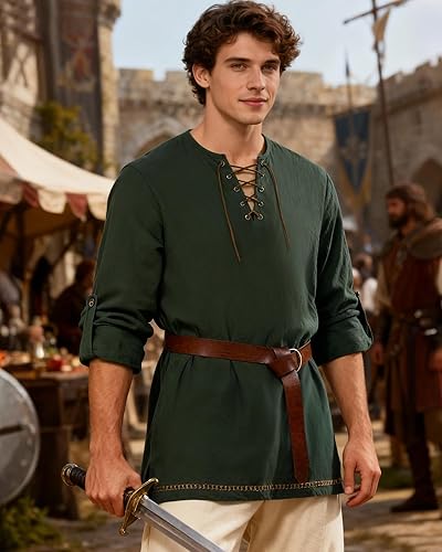 Miniatura 6 de Camisa de pirata para hombre, de algodón y lino, de manga larga, con cordones, camisa renacentista, disfraz medieval con cinturón para Halloween