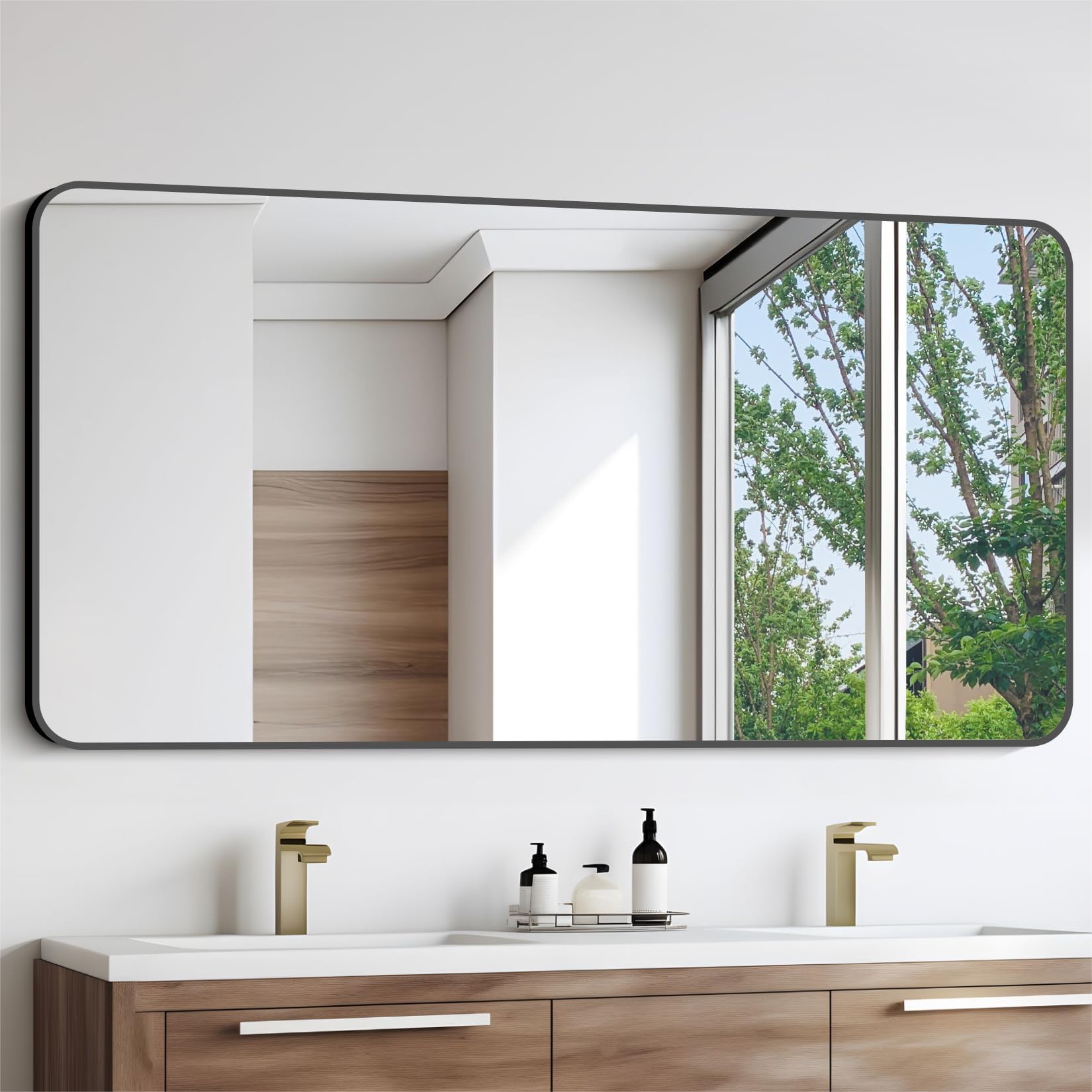 Bathroom Mirror, 30"x55" Black Rectangle Wall Mirror, Metal Frame Rounded Corner Vanity Mirror, Large Wall Mounted Mirror for Modern Bedroom Living Room Horizontal Or Vertical Mounting