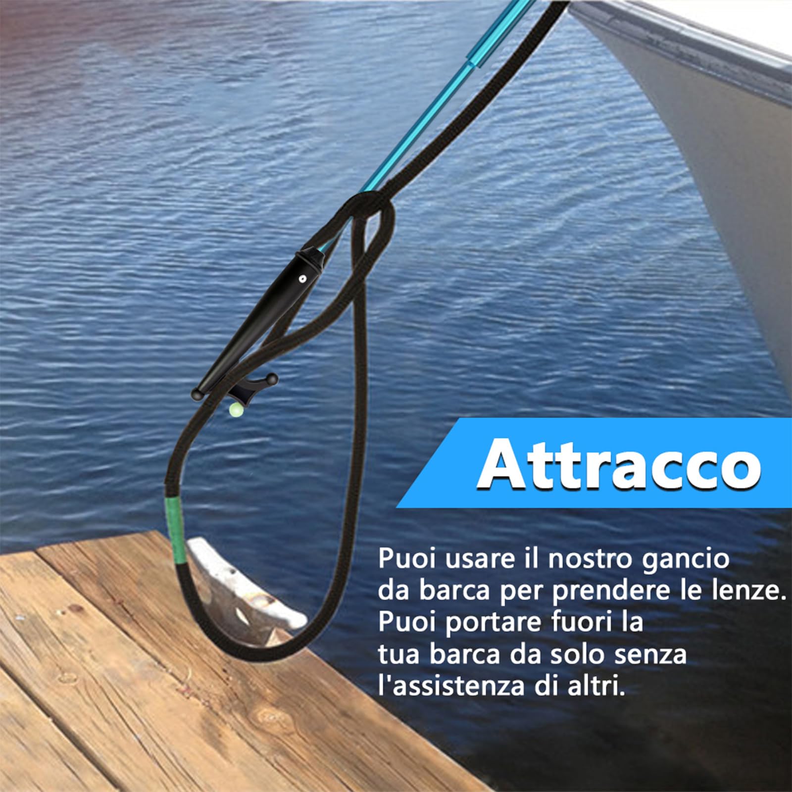 KOMCLUB Gancio telescopico per barche in alluminio leggero con spinta pole multiuso allungabile, impugnatura in gomma antiscivolo con perline luminose, gancio in plastica e cordino per docking e