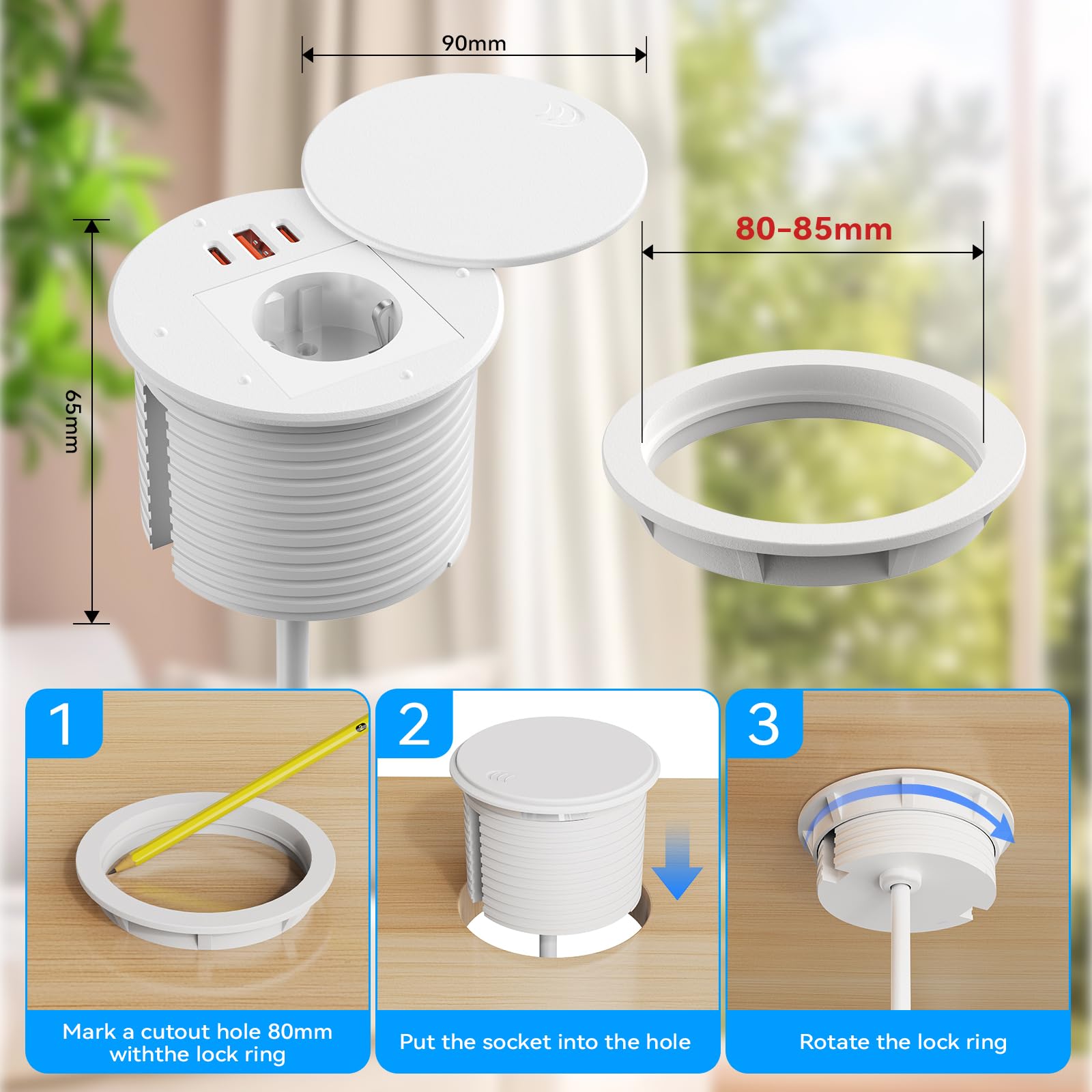 Alpheus Enchufe Empotrable de Mesa con USB-C PD 35W y Tapa, Blanco