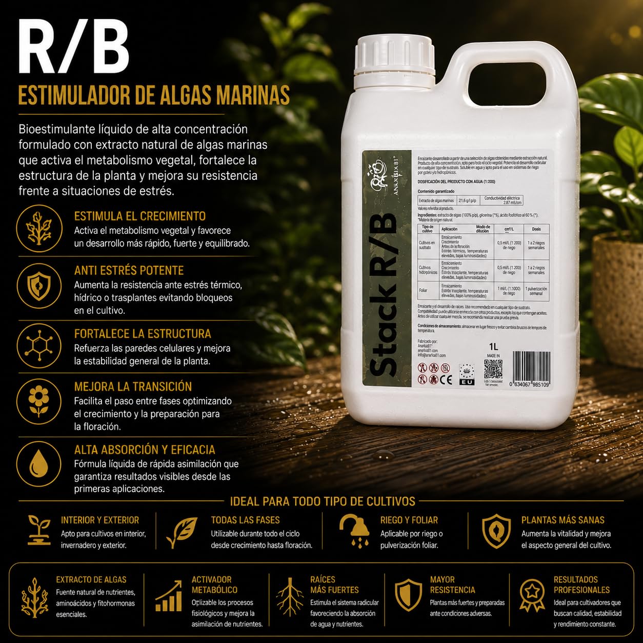 R B 3,8 L – Estimulador de Algas Marinas Fortificante Plantas Anti Estrés Crecimiento y Transición Fertilizante Líquido Cultivo Interior y Exterior - Anarkia81