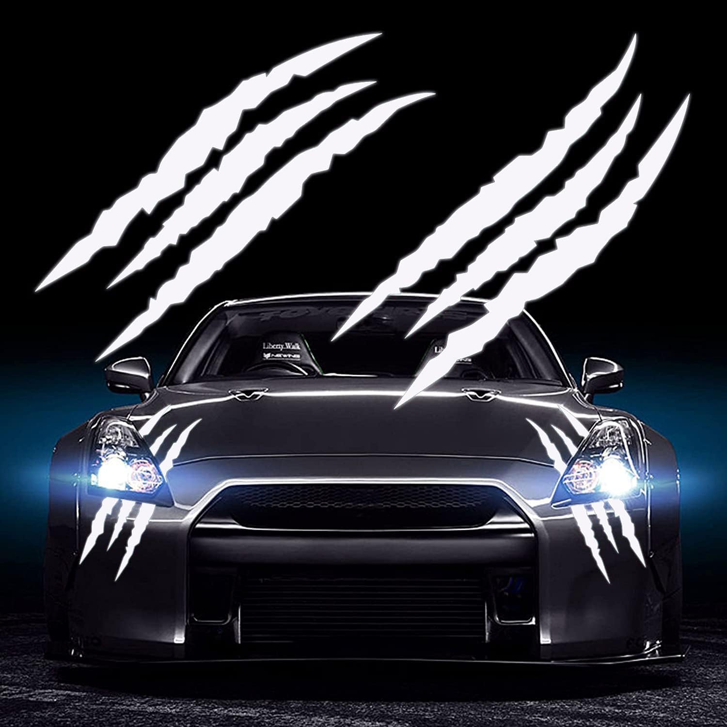 2PCS Claw Mark Car Decak, Car Headlight Decal/15.8 Inch, Monster Claw Scratch Stripe Stickers for Dodge Challenger/Charger, Reflective Silver