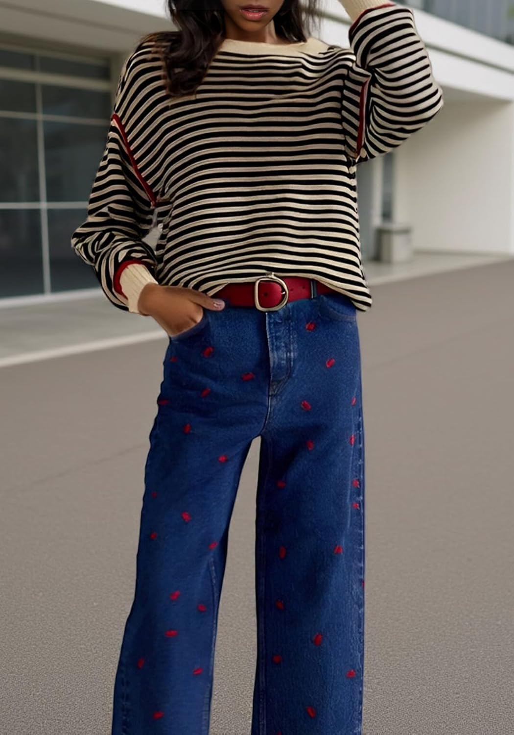 Women's Fall Casual Long Sleeve Sweaters Oversized Crewneck Striped Color Block Y2K Pullover Tops - Image 9