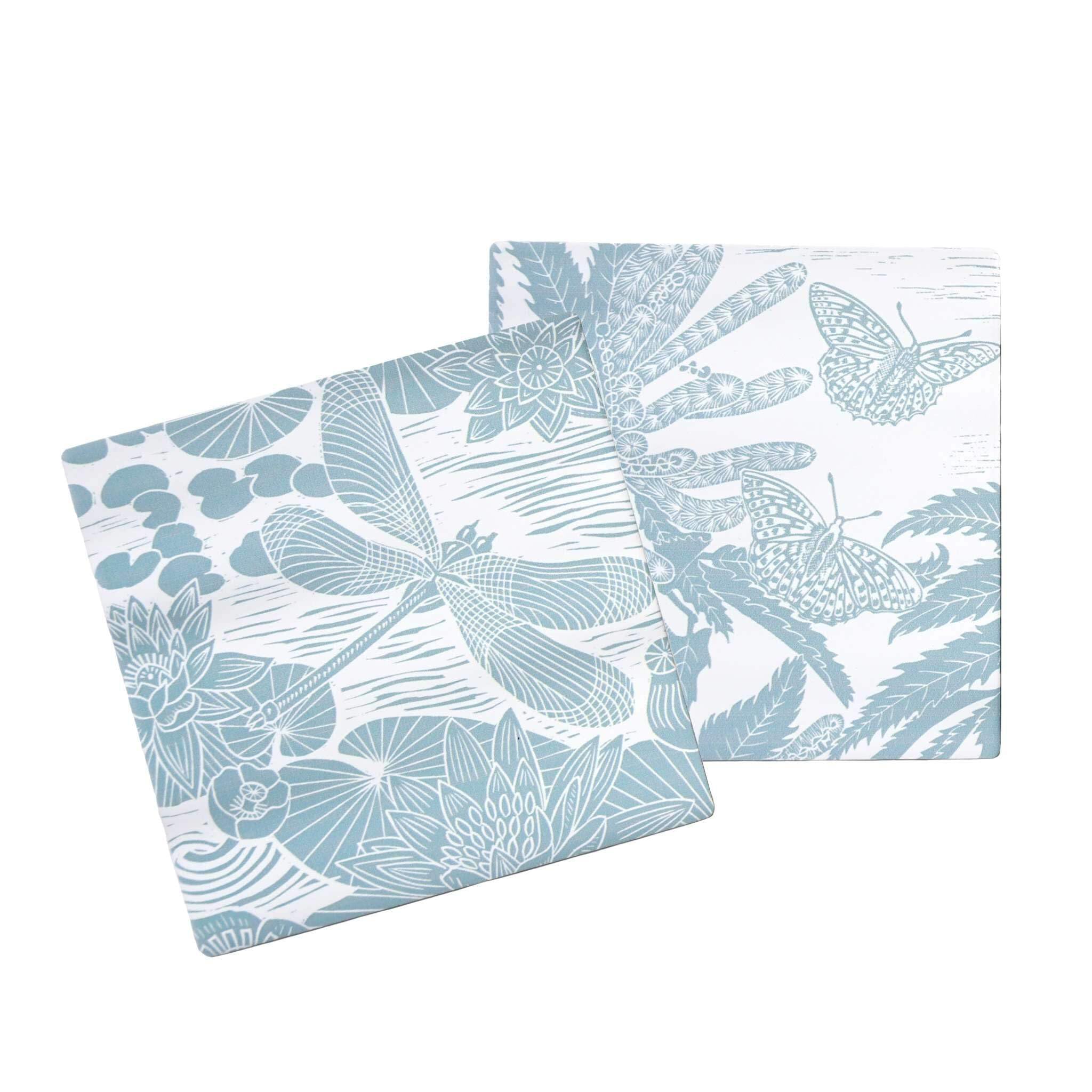 Half Moon Bay The Blue Emperor - Dragonfly Butterflies - by Kate Heiss - Powder Blue/White 4 Inch Stoneware Drink Beverage Coaster; Set of 2