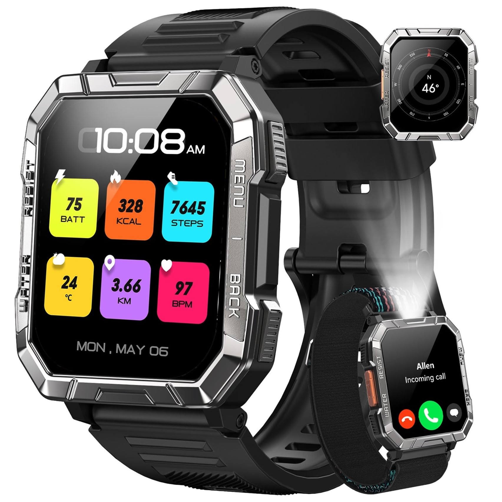 Blackview Smartwatch Hombre con Linterna, Brújula,100+ Modos Deportivos, 2.01”Reloj Inteligente Hombre Militar Llamadas Bluetooth, Whatsapp Notificación, Pulsómetro, Sueño Pulsera Actividad Podómetro