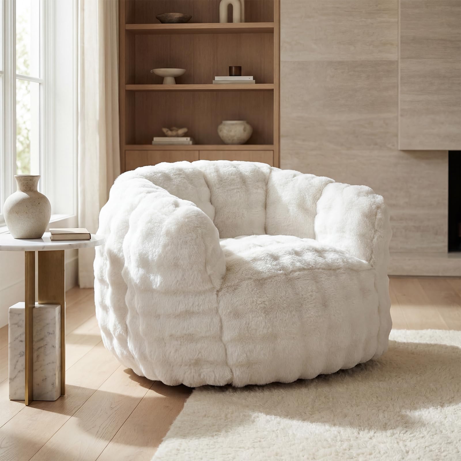 DAYALANE Fluffy Fur Bean Bag Chair, Single Round Bean Bag Sofa, White