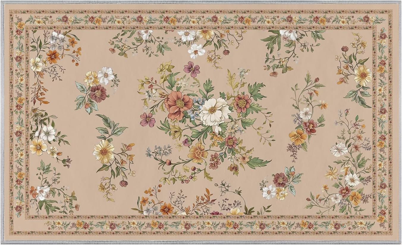 Artoid Mode Leaves Floral Fall Area Rug, Autumn Thanksgiving Home Decor Non Slip Washable Area Rug for Entryway Bedroom Living Room Laundry Room Indoor 3x5 Feet 3' x 5' (Rectangular) Beige