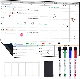 POPRUN Planning Semaine calendrier magnetique emploi du temps,Tableau Semainier Frigo effaçable,idéal pour Planification des Tâches, Menus, Projets, Organiseur Hebdomadaire Repas 43×28cm - en Français