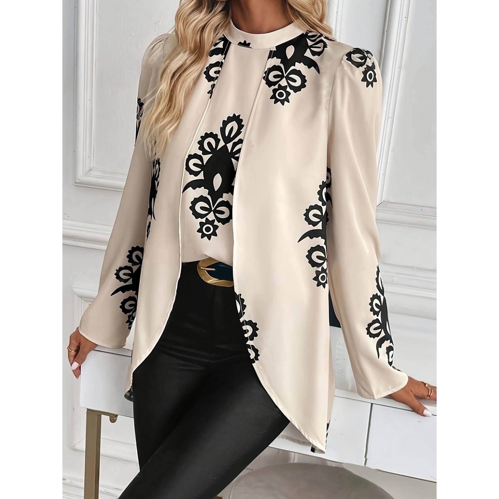 LKSCY - Camicetta da donna in raso vintage con motivo floreale, girocollo, maniche a sbuffo, vestibilità ampia, con orlo a spacco laterale, per ufficio, casual e autunnale