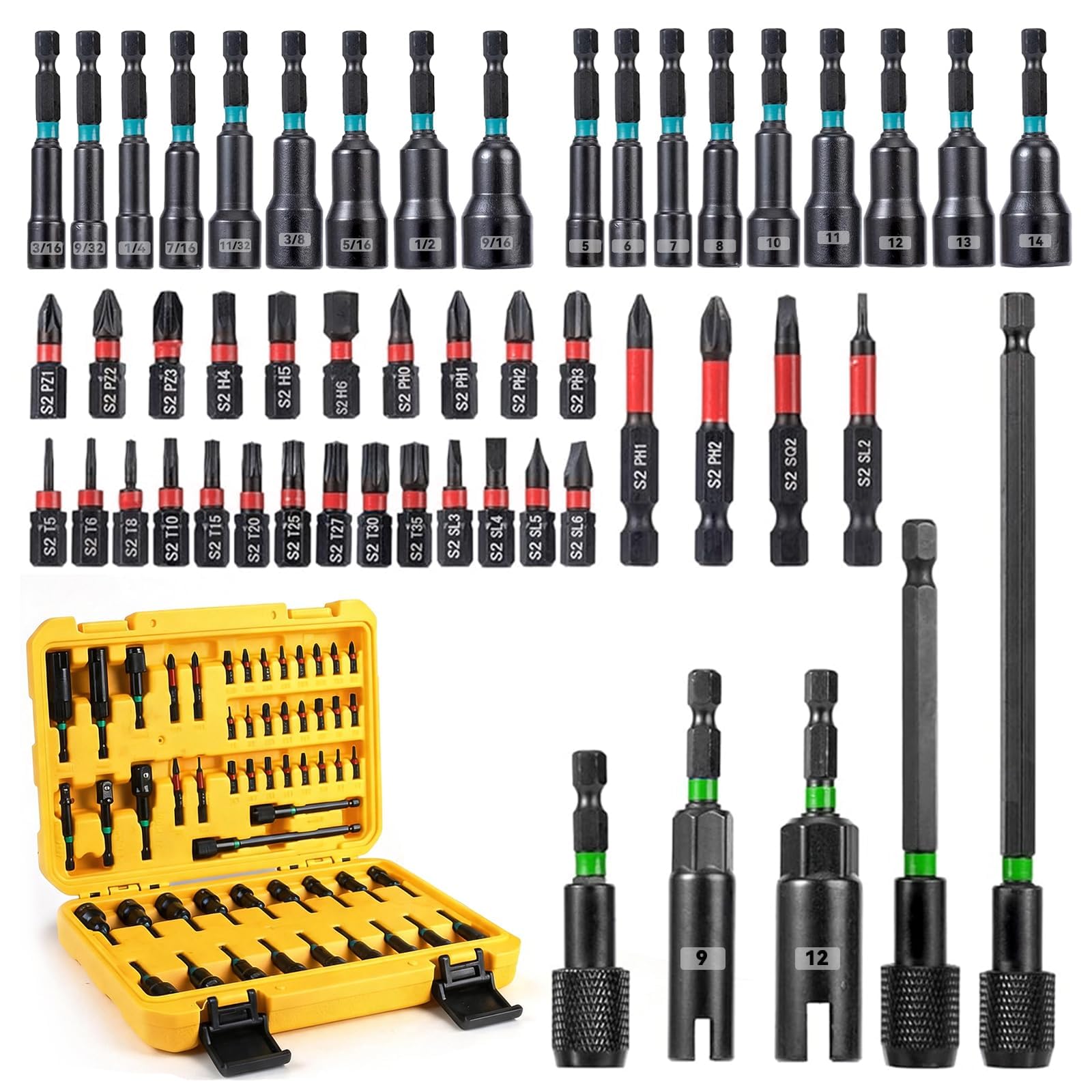 54-Pc Impact Magnetic Nut Driver Set, 1/4" Hex Bits Sockets SAE/Metric