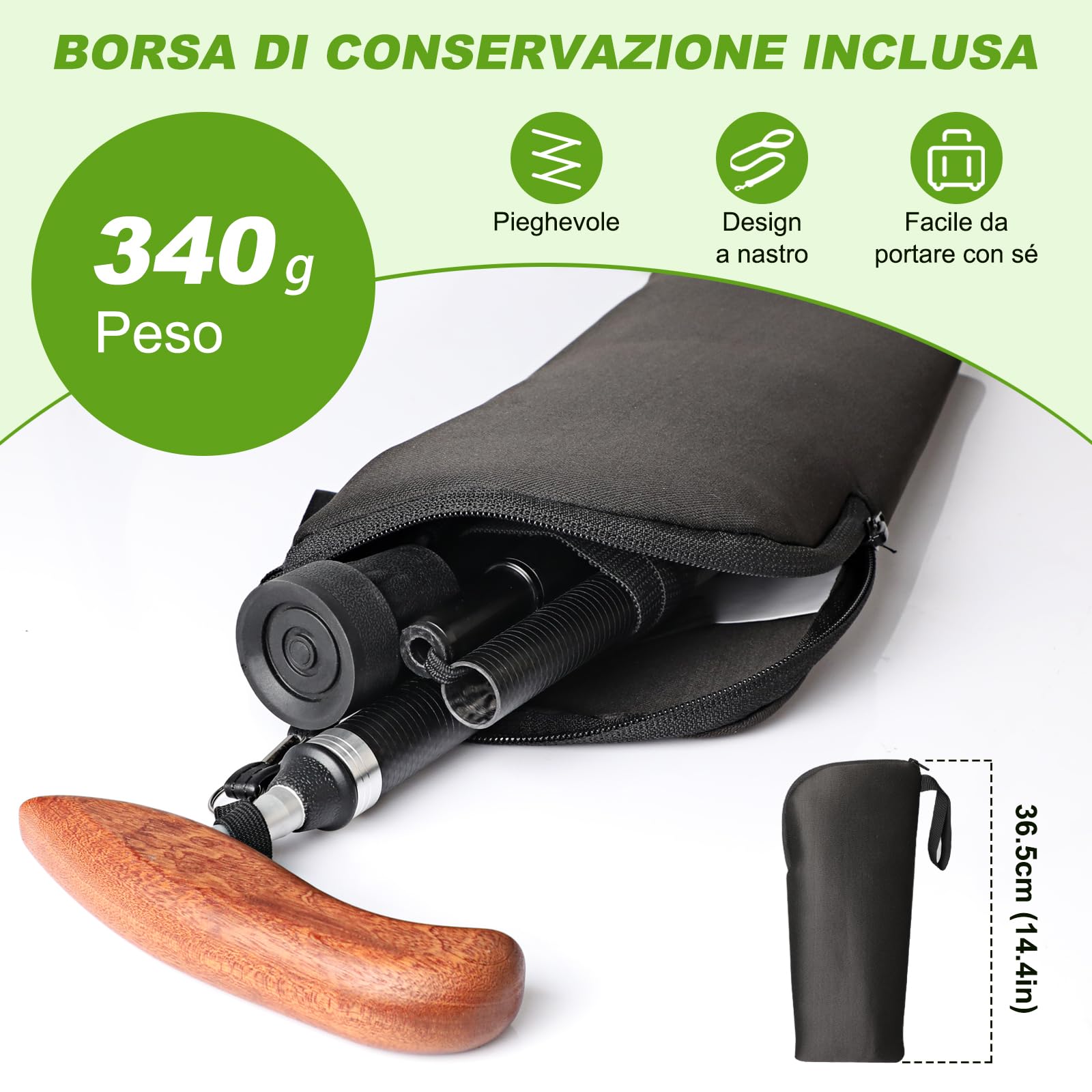 Bastone da Passeggio in Fibra di Carbonio Leggero con Borsa, Punta in Gomma Antiscivolo e Ammortizzante (Incluse 2 Punte di Ricambio), Pieghevole e Regolabile In altezza