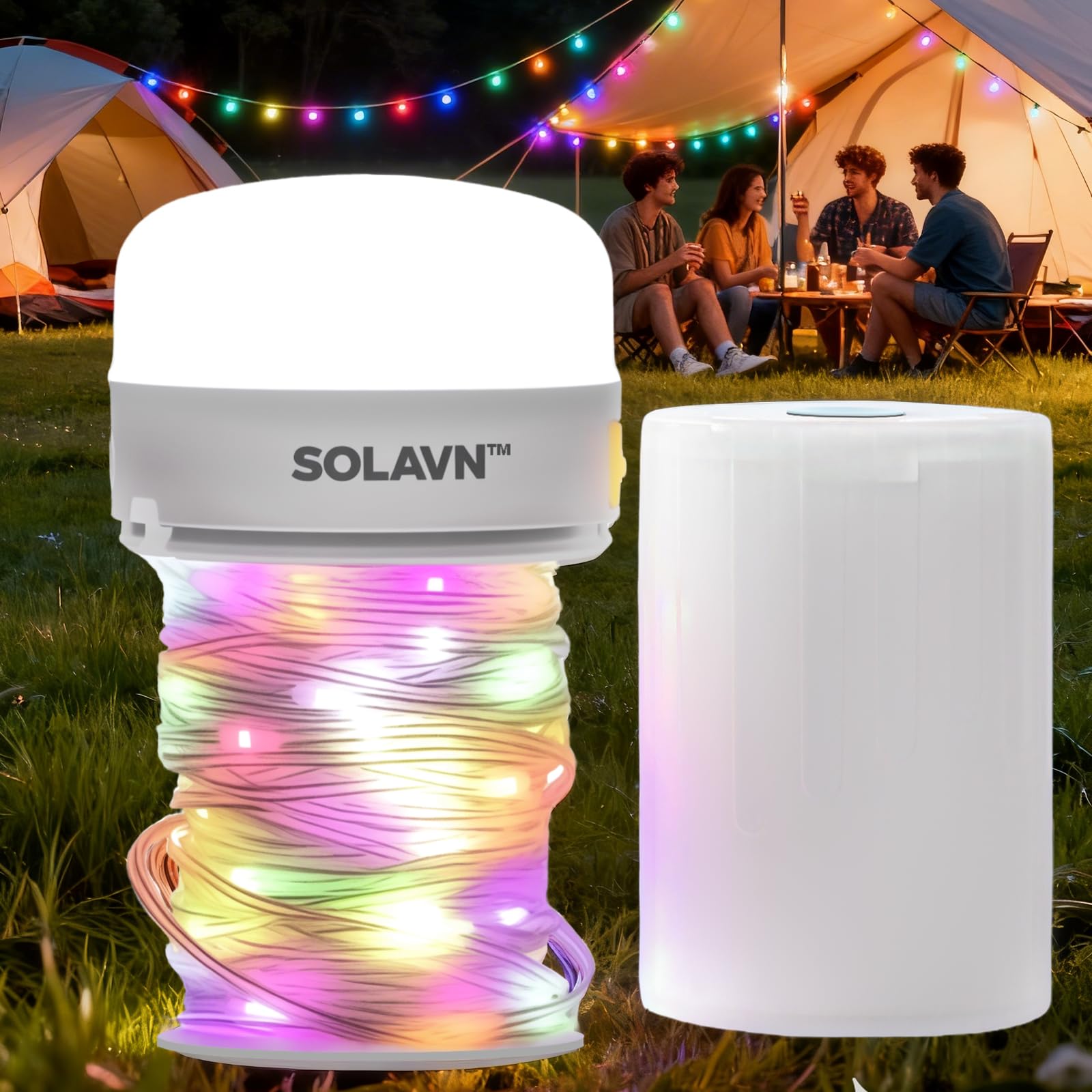Camping String Lights, Outdoor String Lights with Auto-Cycle RGB Modes, Fairy Lights Quick Storage, Rechargeable Lantern, USB-C Charging, Portable 2-in-1 Camping Lights for Tent, Garden, Patio, Party