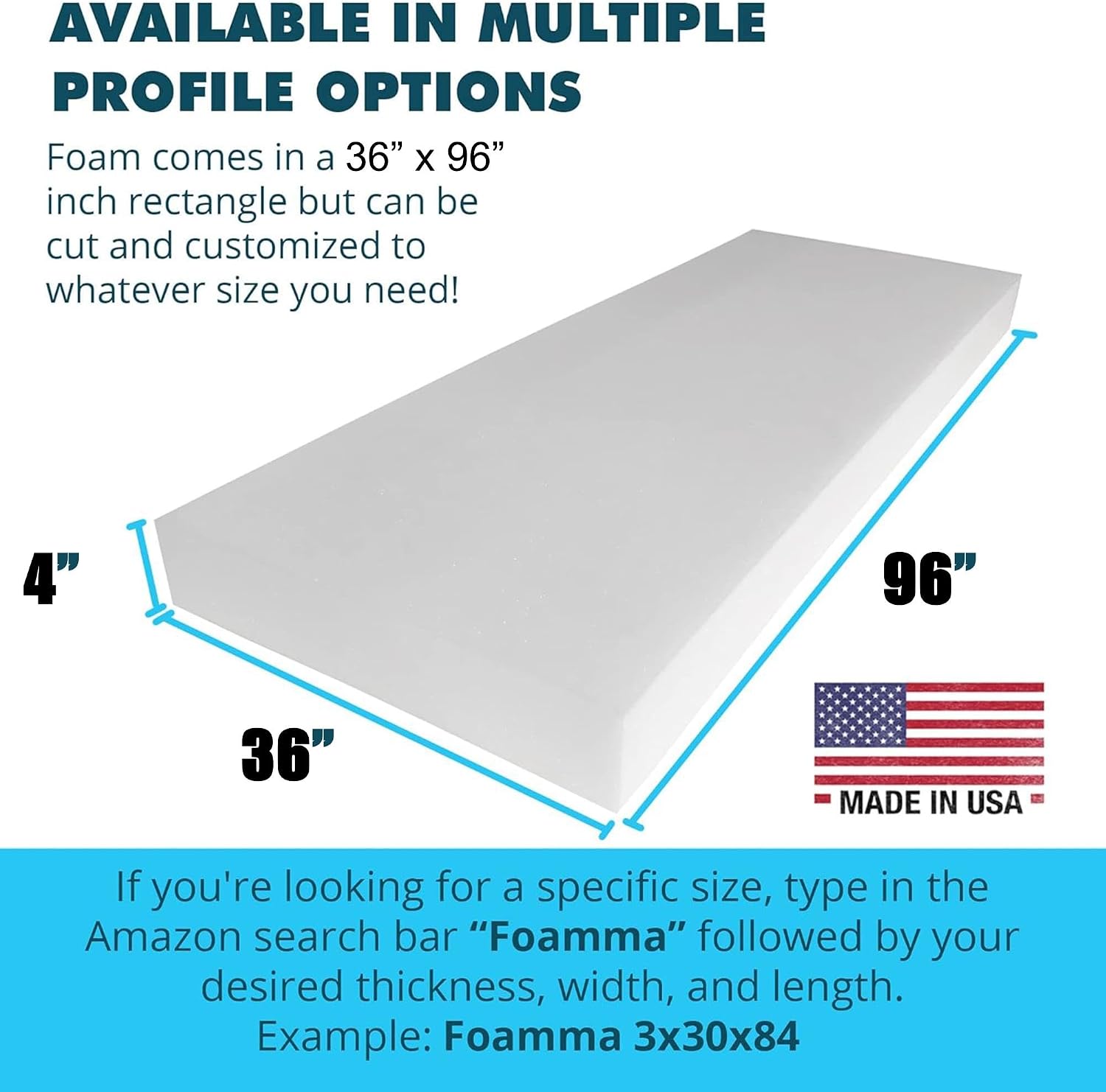 Foamma 4" x 36" x 96" High Density Upholstery Foam Cushion (Seat Replacement, Upholstery Sheet, Foam Padding) Made in USA!
