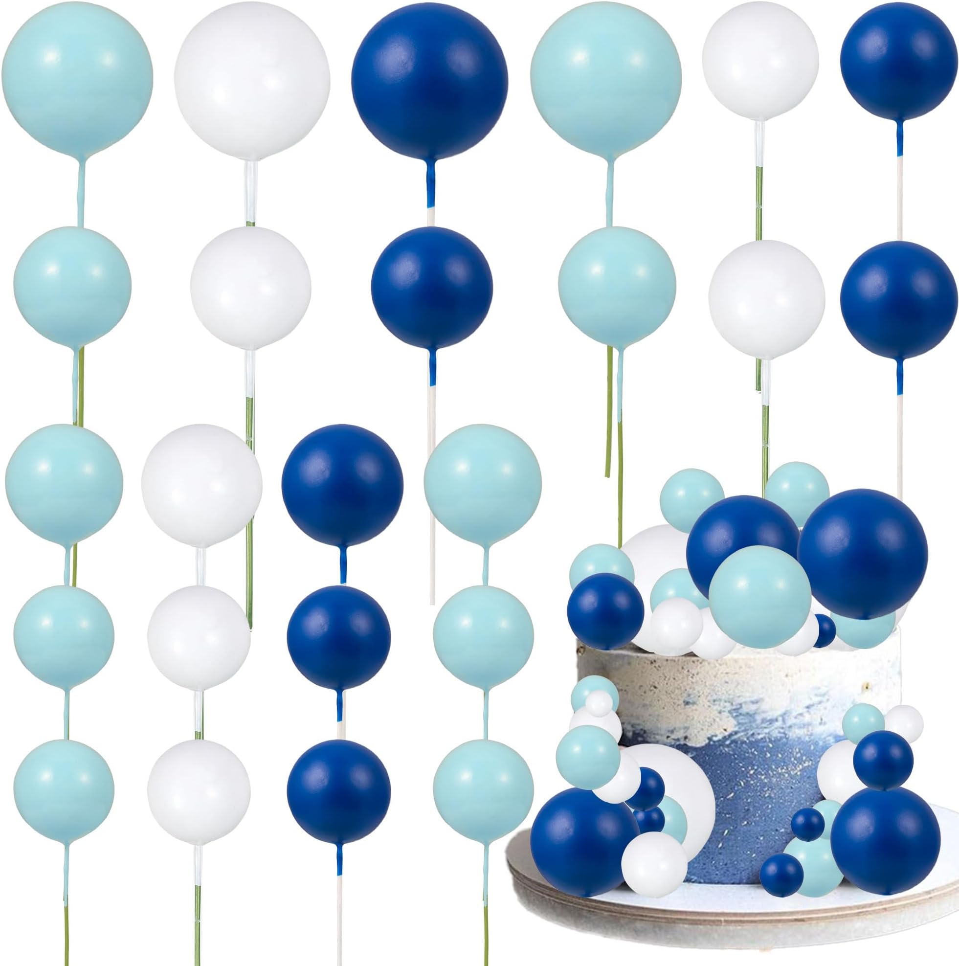 Gyufise 30Pcs Ball Cake Picks Colorful Ball Shaped Cake Topper Mini Balloons Cupcake Picks Cake Insert Topper for Birthday Party Wedding Decoration Supplies Blue White Dark Blue