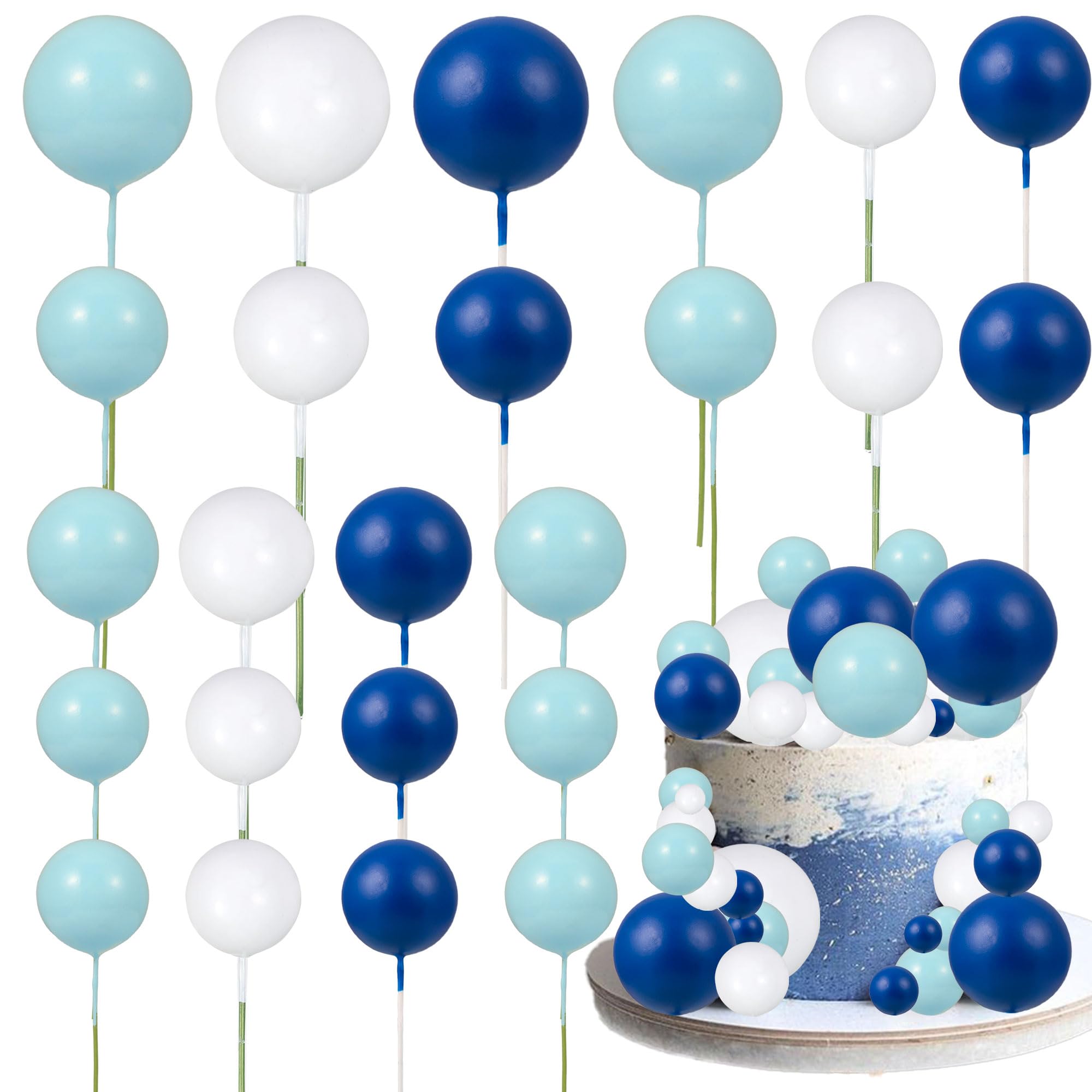 Gyufise 30Pcs Ball Cake Picks Colorful Ball Shaped Cake Topper Mini Balloons Cupcake Picks Cake Insert Topper for Birthday Party Wedding Decoration Supplies Blue White Dark Blue