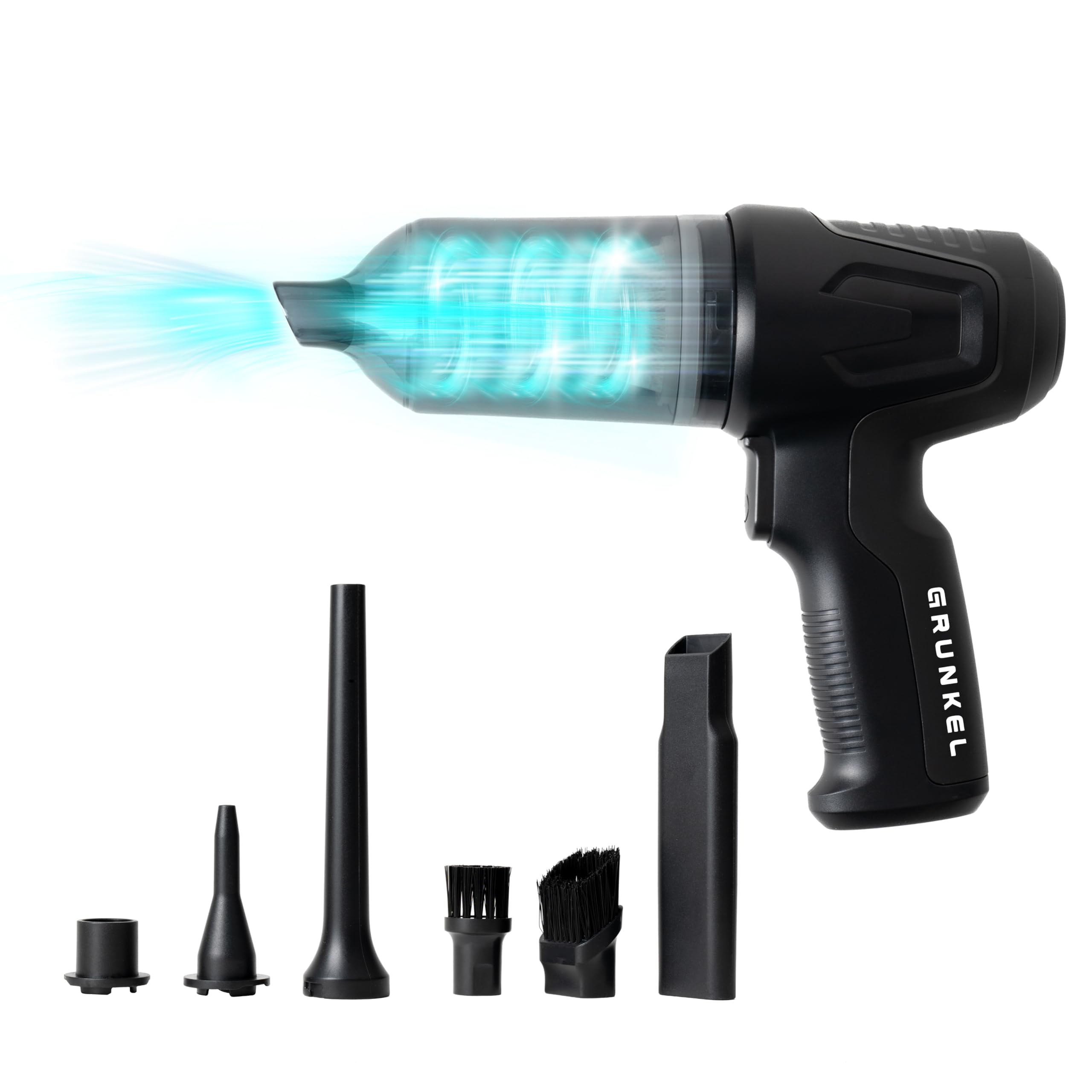Grunkel - Mini Aspiradora de Coche - CARFORCE2 con Filtro HEPA x 2 y Accesorios -​12KPA (Potencia de aspiración) y bateria Recargable por USB
