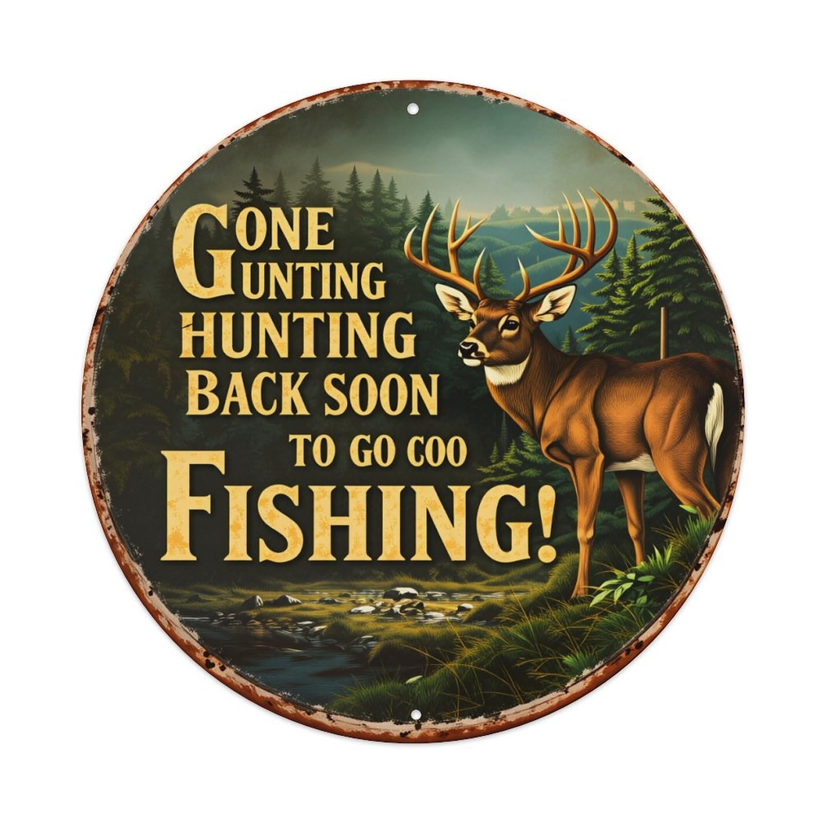 Deer Forest Stream Hunting Fishing Round Tin Sign Vintage Style Metal Sign Home Bar Garden Wall Plaque Decor Metal Poster 8x8 Inch