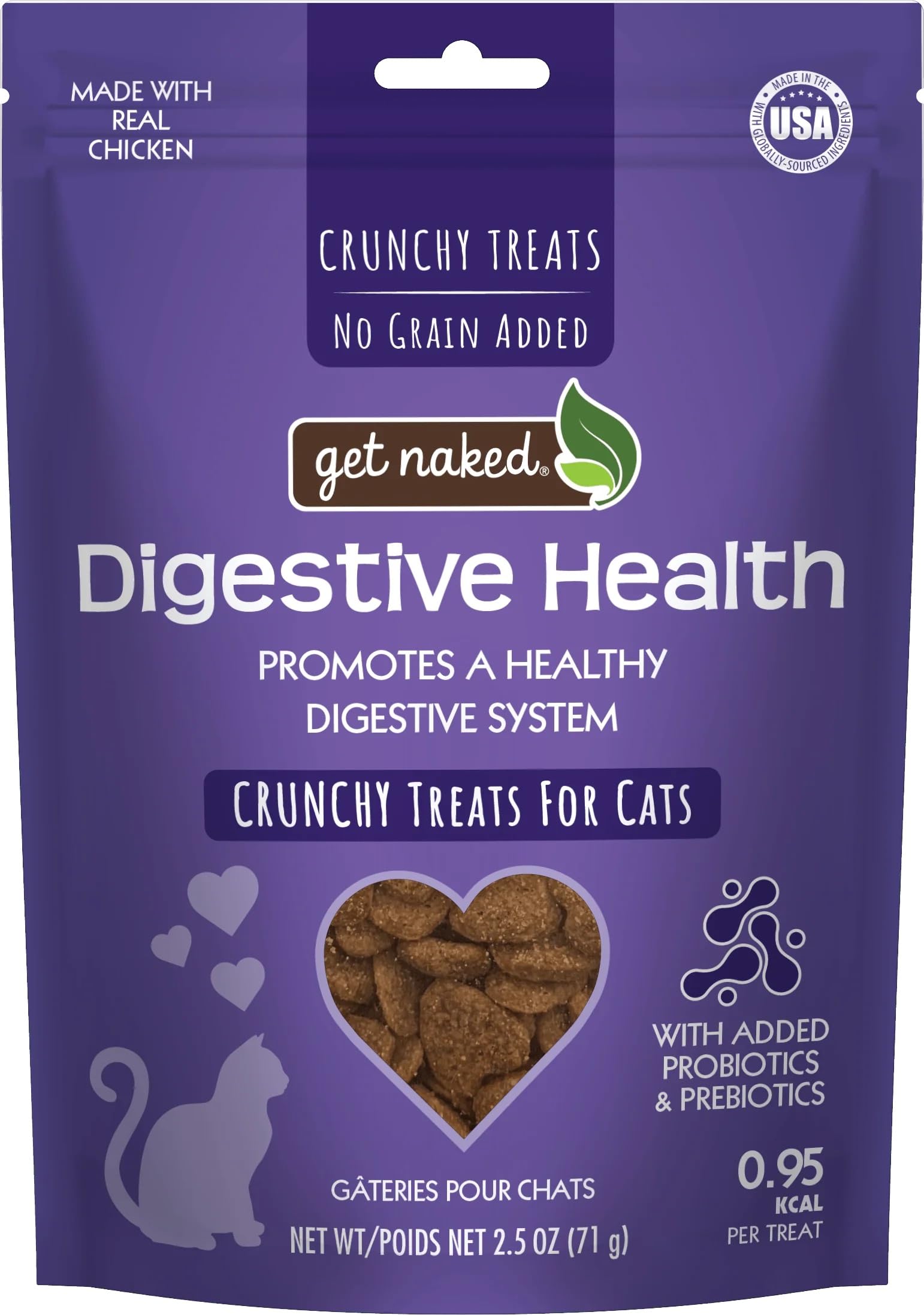 Get Naked Digestive Health Crunchy Cat Treats 2.5oz - Chicken Flavor, Grain-Free Cat Probiotics for Indoor Cats, Supports Healthy Digestion, Dental Health & Immunity, Made in The USA