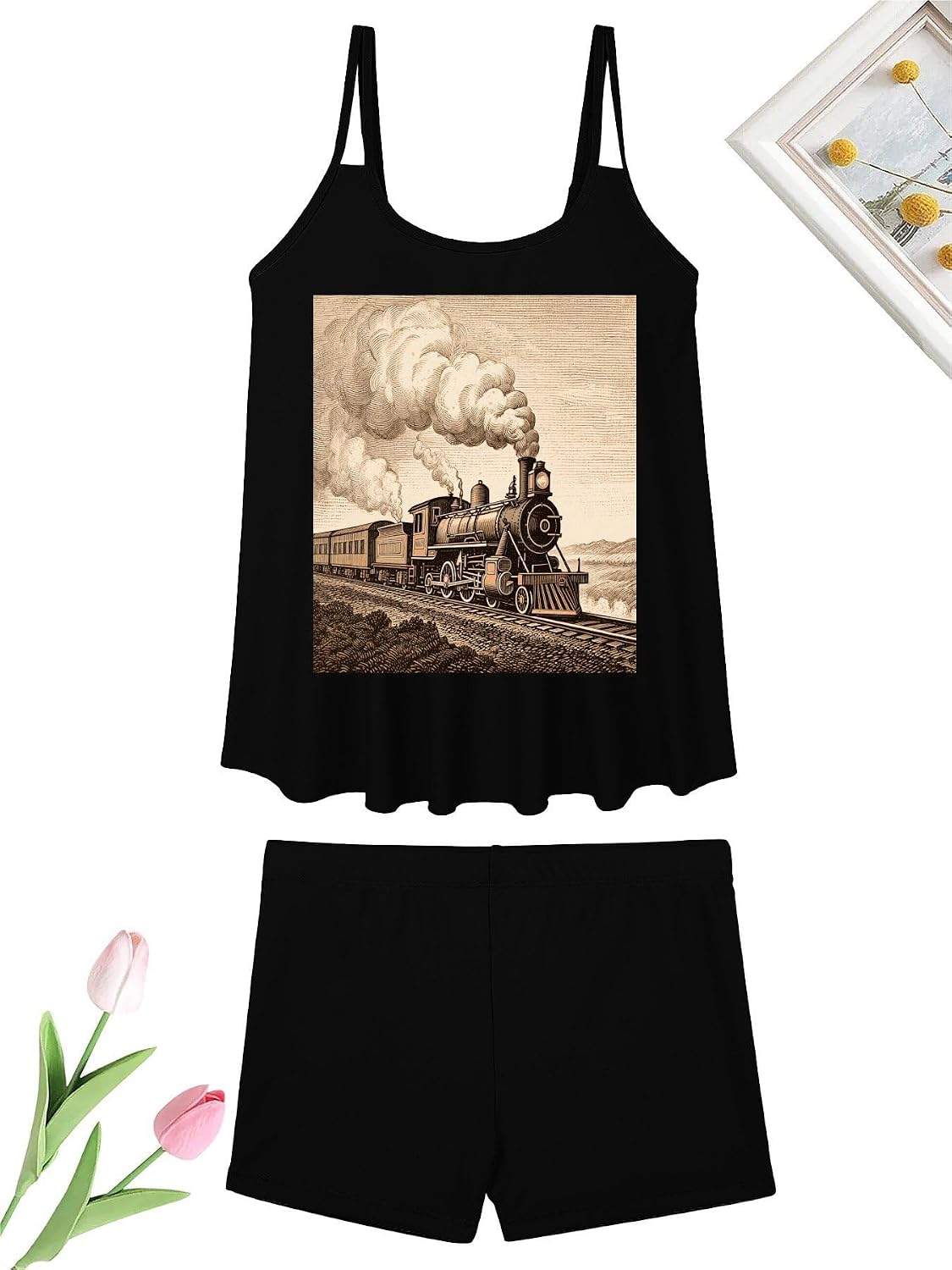 Etching Train Tankini Swimsuits for Women Tummy Control Two Piece Bathing Suits Swim Tops with Boy Shorts