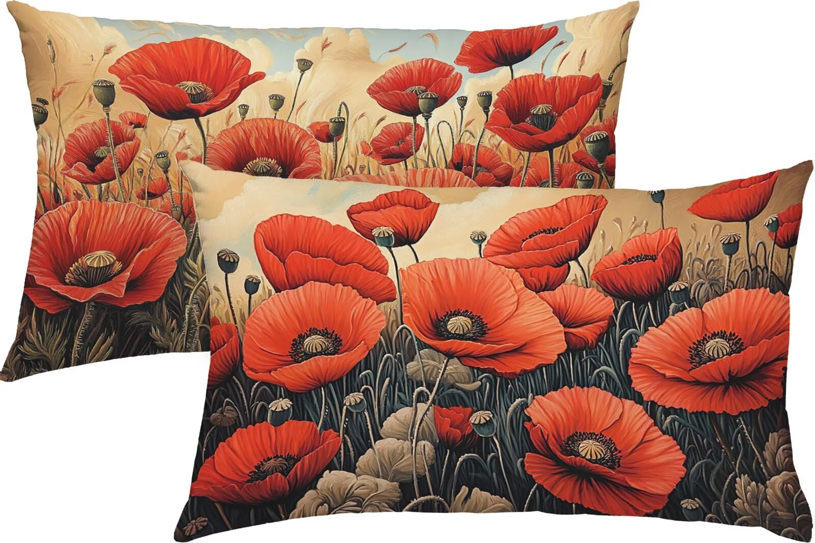 Poppy Poszewki na poduszki 70 x 90 cm, lniane, czerwone, wodoodporne, miękkie, wygodne, na zewnątrz, dekoracyjne poszewki na poduszki na sofę, łóżko, samochód, zestaw 2 poszewek na poduszki, idealna
