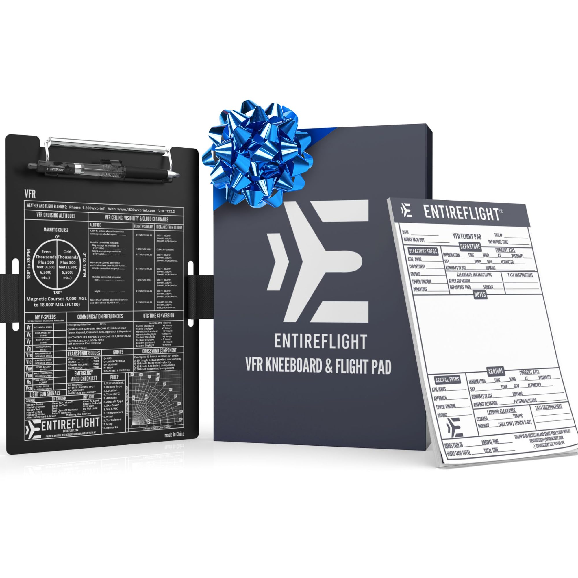 EntireFlight Aviation Pilot Kneeboard VFR Black With Structured Notepad-Premium Flight Bag Accessory-Airplane Grade Aluminum Board-Elastic Knee Board Strap & Pen-Premium Box Included For Pilots Gifts.