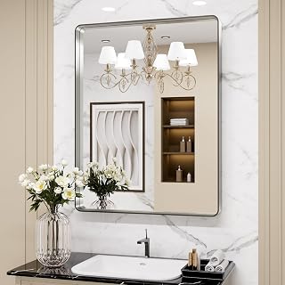 LOAAO 22x30 Inch Brushed Nickel Bathroom Mirror - Anti-Rust Aluminum Frame, Shatterproof Tempered Glass, Easy Vertical/Horizontal Hang