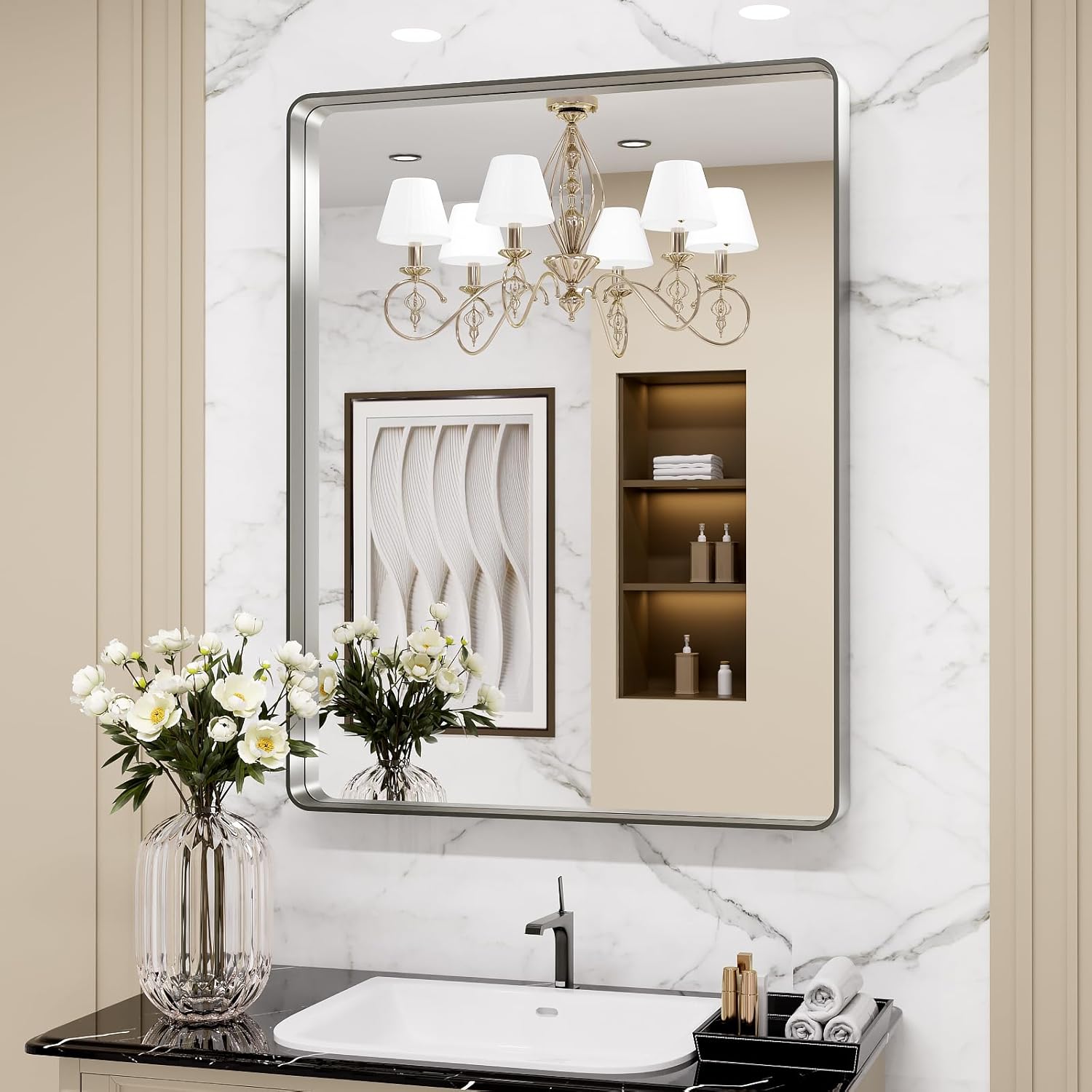 LOAAO 22X30 Inch Brushed Nickel Bathroom Mirror Rounded Rectangle Silver Metal Frame Mirror Brushed Nickel Anti-Rust Hangs Horizontally