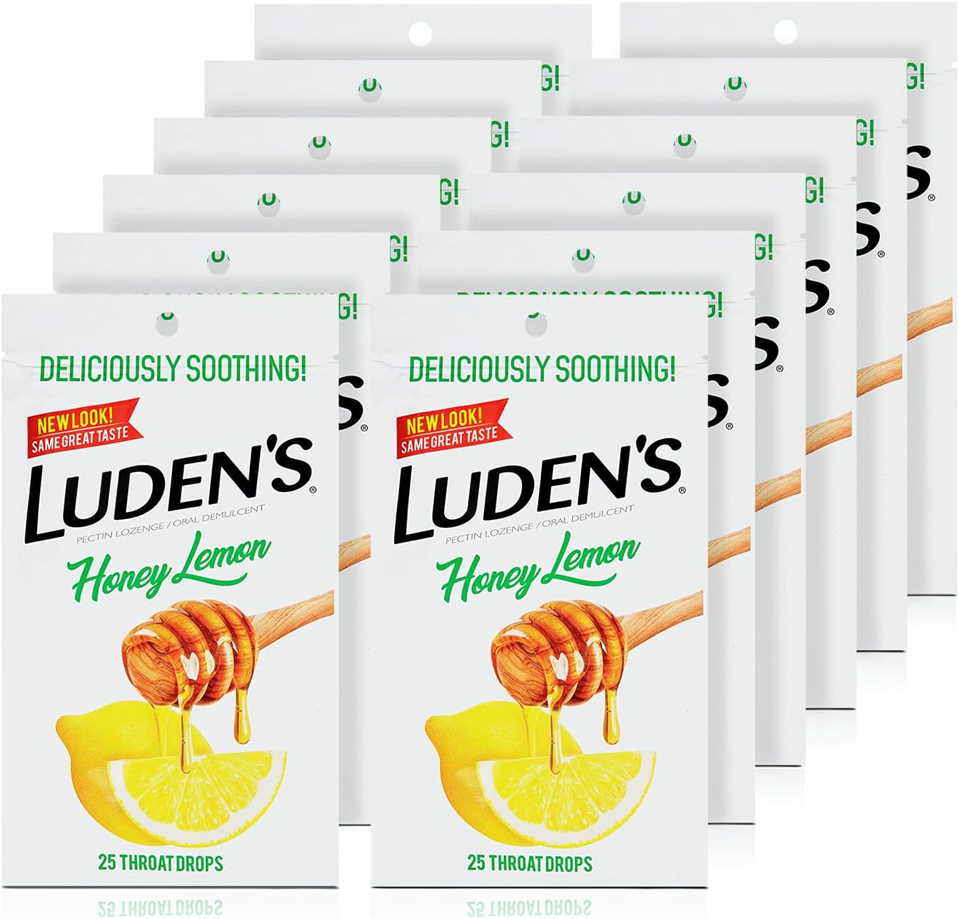 LudensDeliciously Soothing Throat Drops, Honey Lemon Flavor, 25 Count, Pack of 12