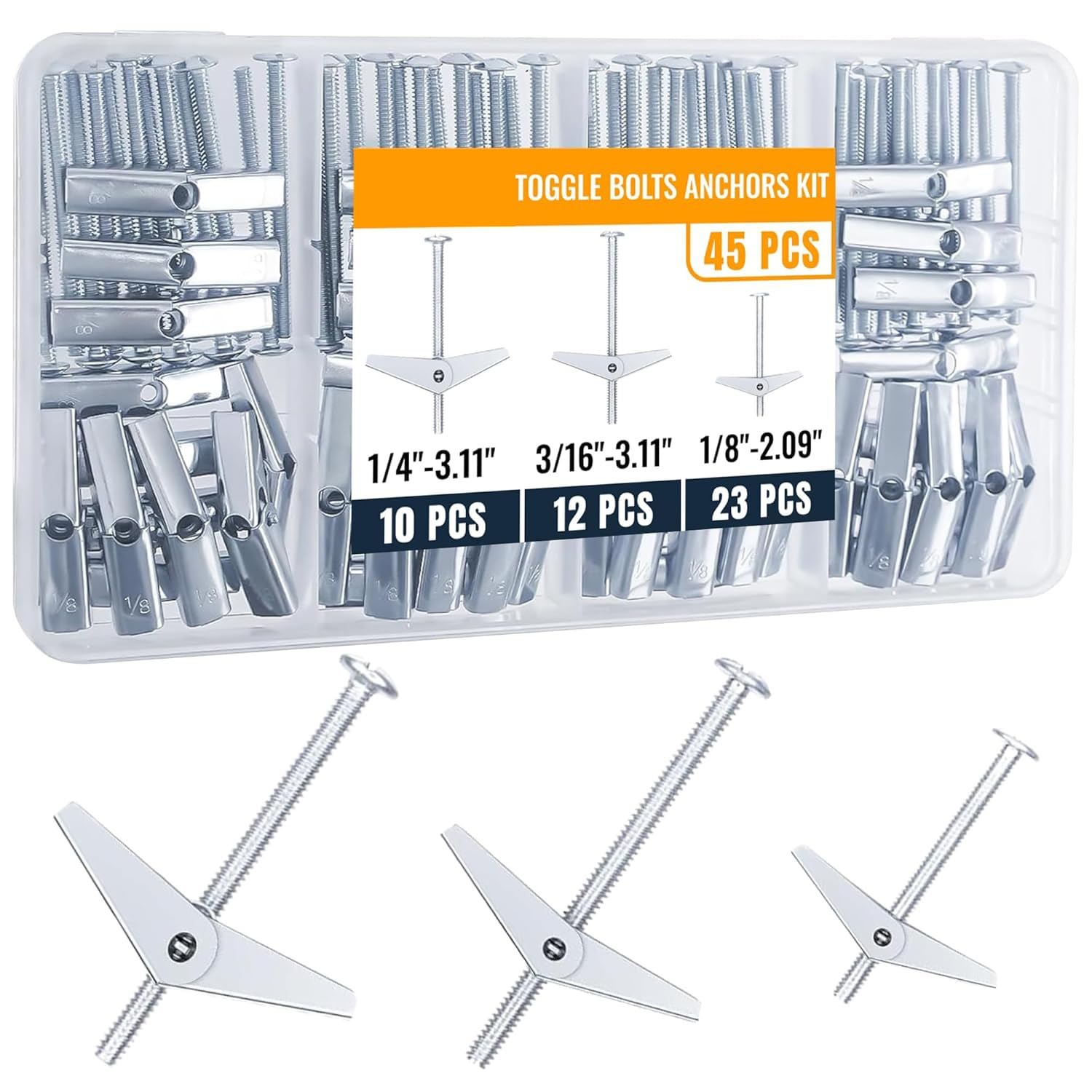 Heavy Duty Hollow Wall Anchors Kit for Drywall Toggle Bolts and Wing Nuts Set Ideal for Hanging Pictures and Shelves On Hollow Walls and Ceilings(1/8, 3/16, 1/4)
