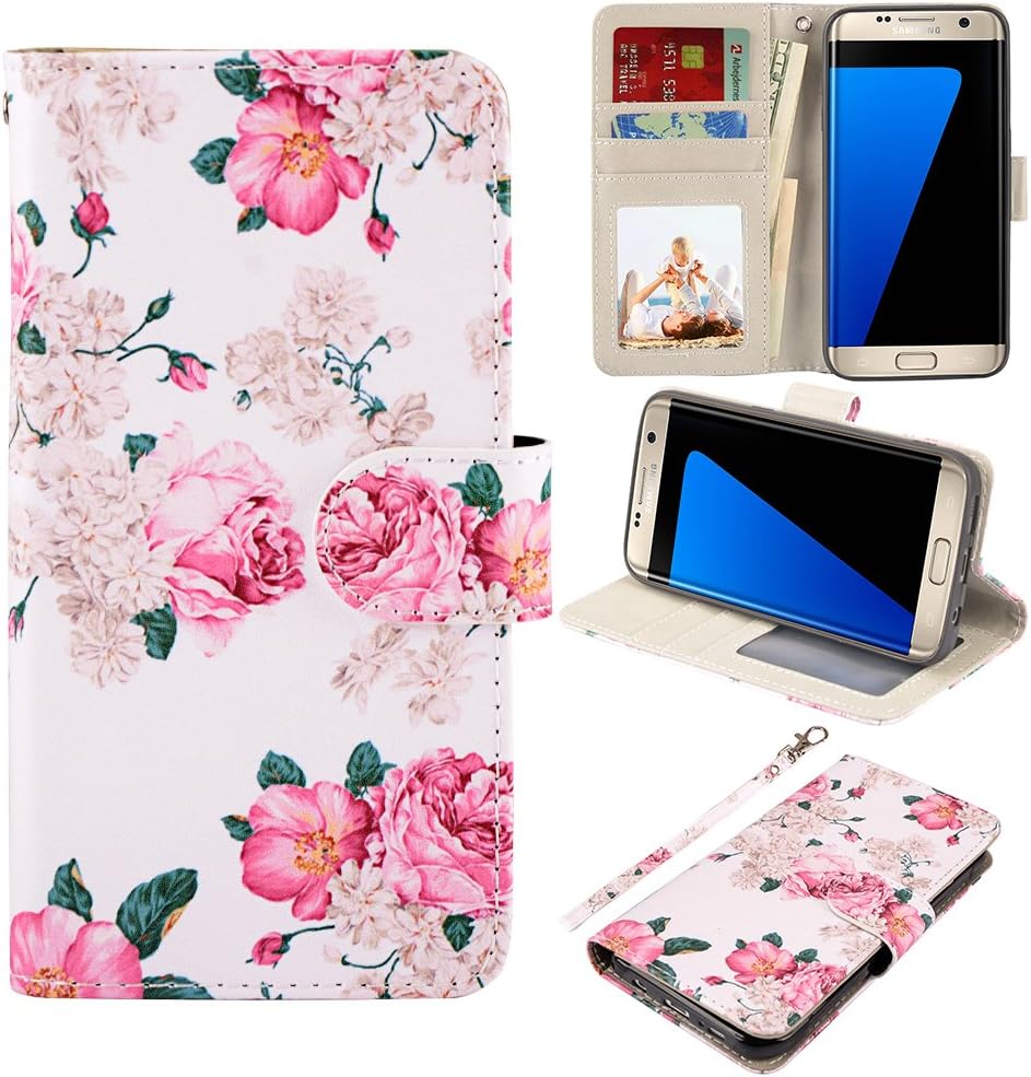 UrSpeedtekLive S7 Edge Case, Galaxy S7 Edge Wallet Case, Premium PU Leather Wristlet Flip Case Cover with Card Slots & Stand for Samsung Galaxy S7 Edge,Flower 2