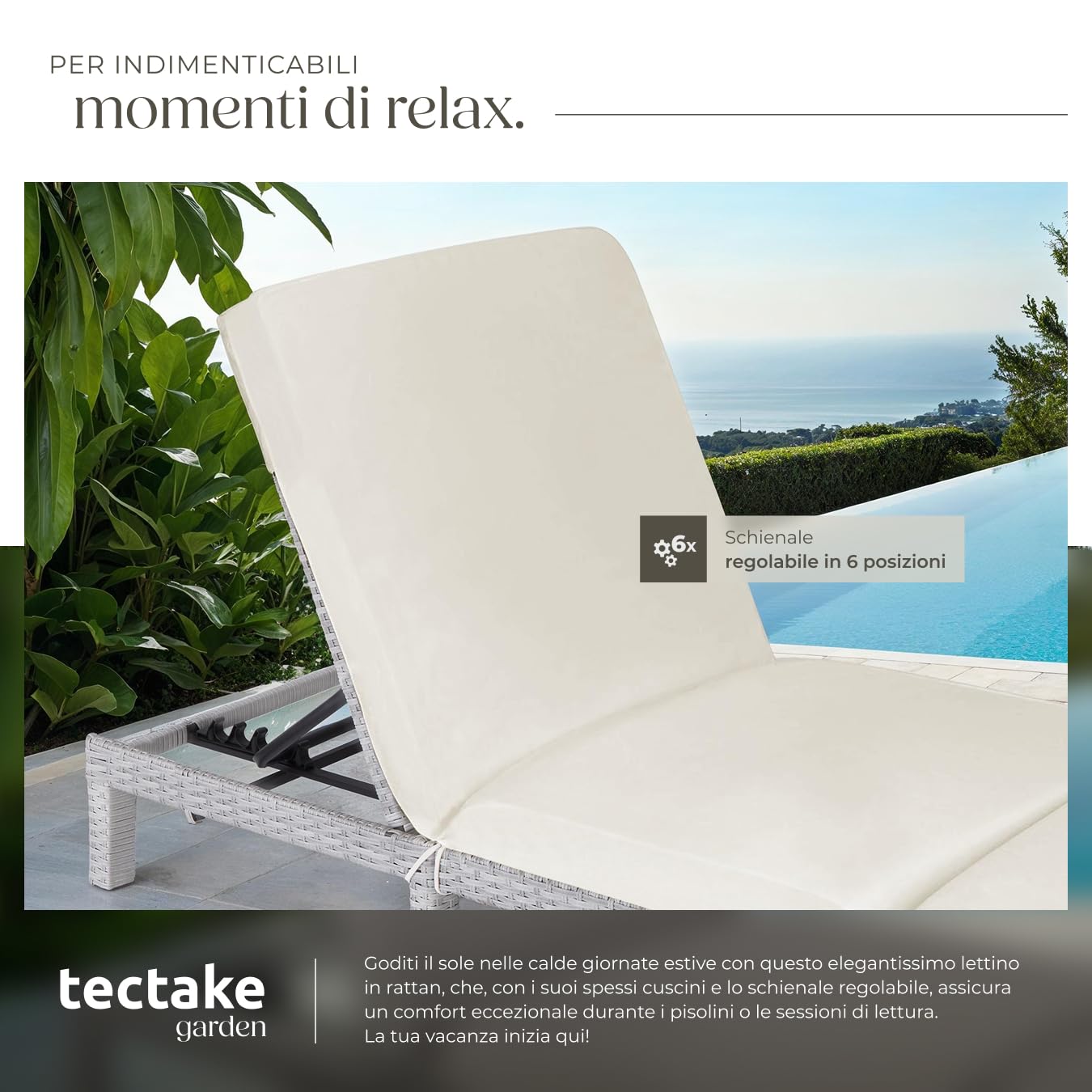 tectake® Lettino Prendisole in Rattan, Altezza Schienale Regolabile, Robusta Struttura in Acciaio, Lettino per Esterno e Interno, 196x66x22 cm, Cuscino Imbottito Rimovibile Incluso - Grigio Chiaro