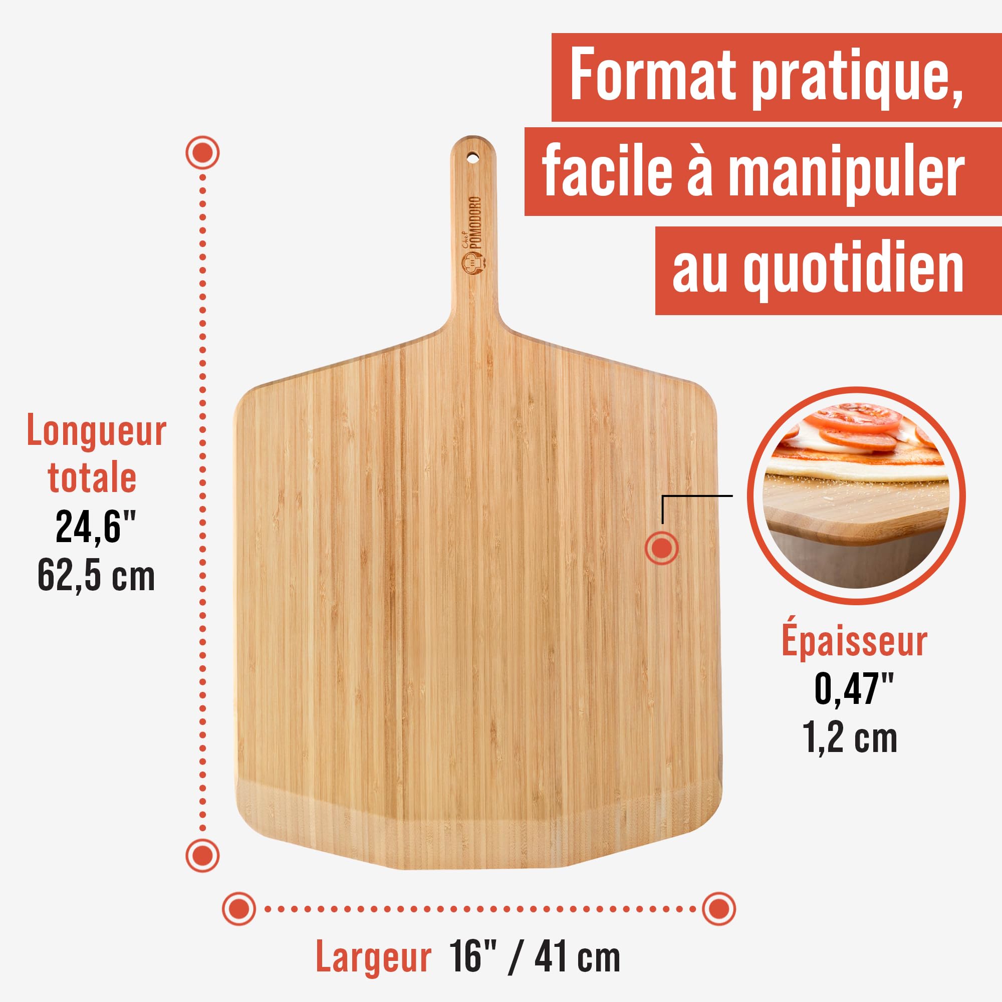 Chef Pomodoro - Grande Pelle A Pizza En Bois de Bambou (41 cm) - Pelle Pizza et Planche à Découper, Préparer et Tranférer vos pizza et pains - Planche pizza Légère et Résistant, Convient aux fours