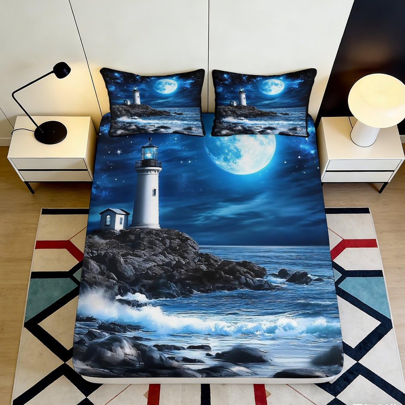 3D Printed Moonlight Lighthouse Fitted Sheet Microfiber Ocean Waves Mattress Cover for Bedroom Decor Easy Care 90x200x25cm