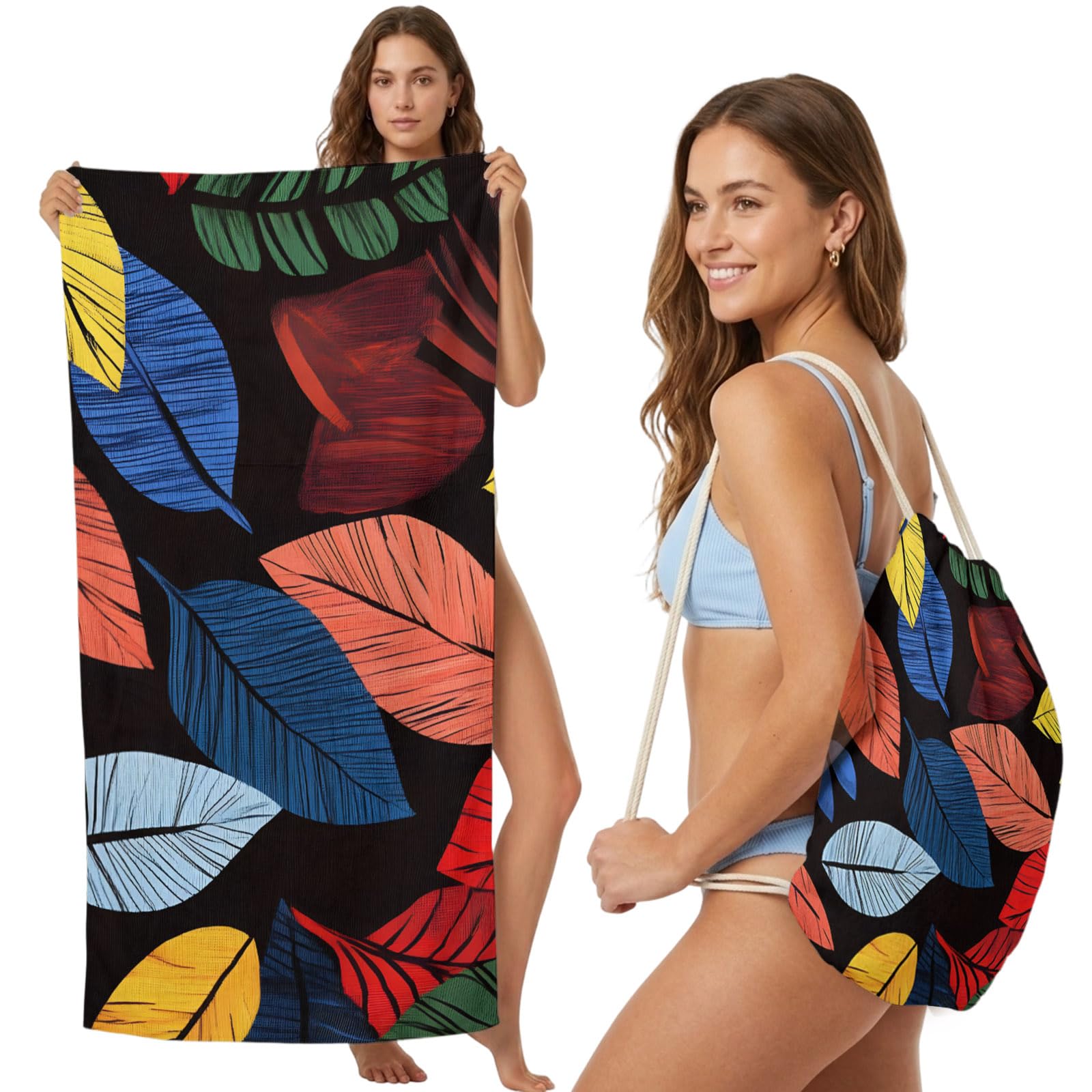 FWJZDSP Beach Towel Backpack Convertible Retro Leaf Sand Free Quick Dry Towel Bag Spring Decoration Beach Towel with Adjustable Straps for Travel Swimming Pool Beach Accessories 31.5x63in