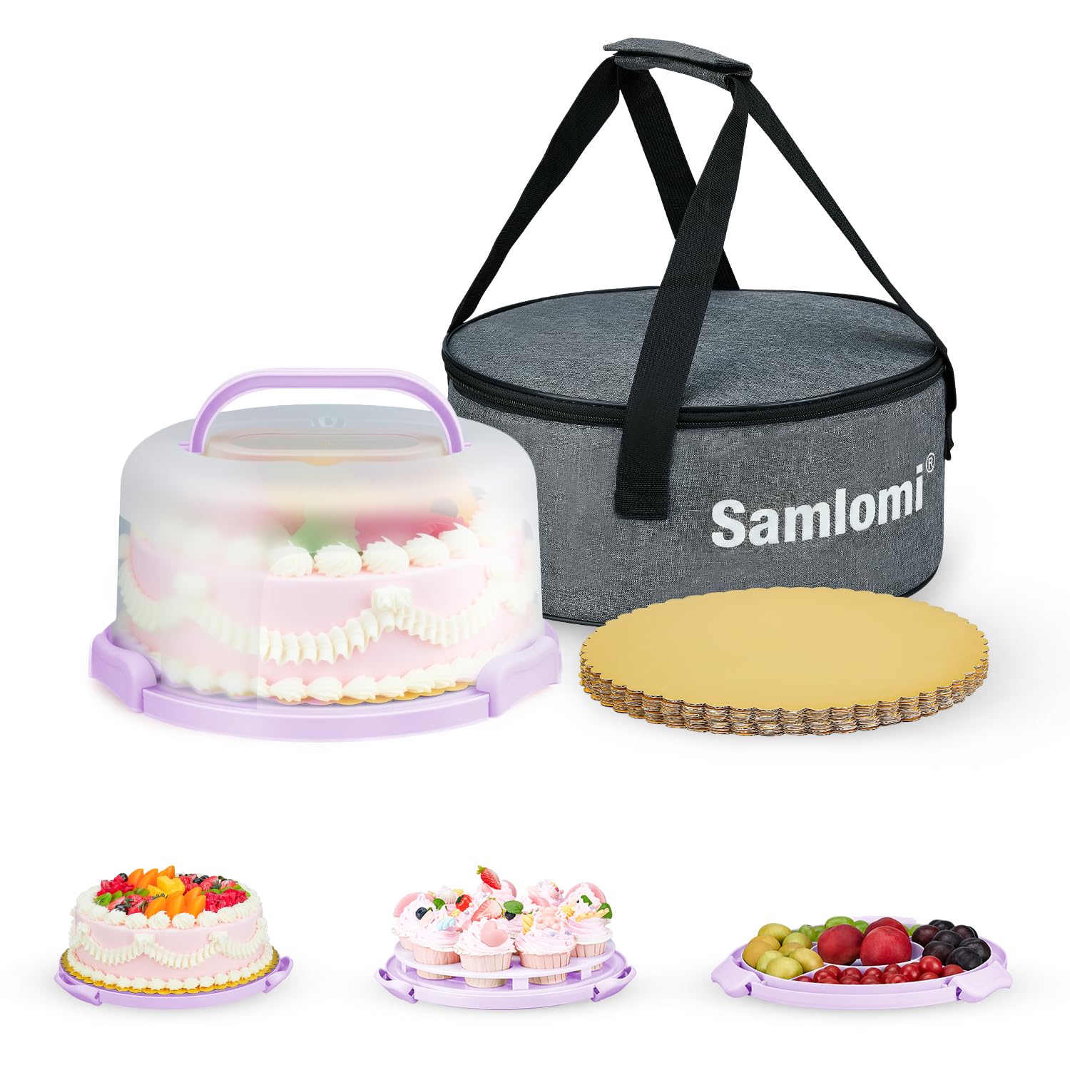 Samlomi Cake Carrier With Lid And Handle, Bpa-Free Cake Holder With Lid For 10 Inch Round Cake Carrier With 10 pcs Round Golden Cake Boards And Portable Insulated Bag（Purple）
