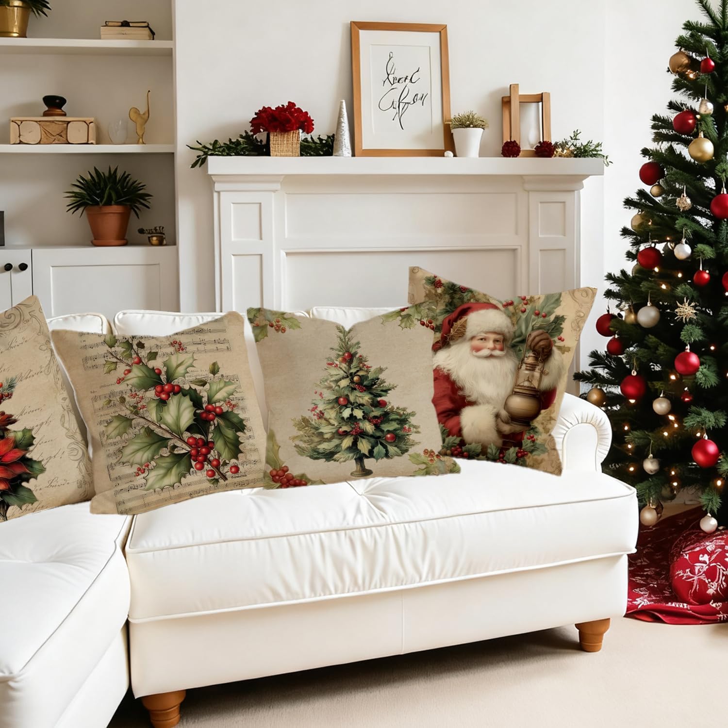 Vintage Rustic Christmas Botanical Pillow Covers 18x18, Cottagecore Winter Xmas Pine Berry Leaf Wildflower Decorative Throw Pillow Covers for Couch Sofa Bedroom Living Room