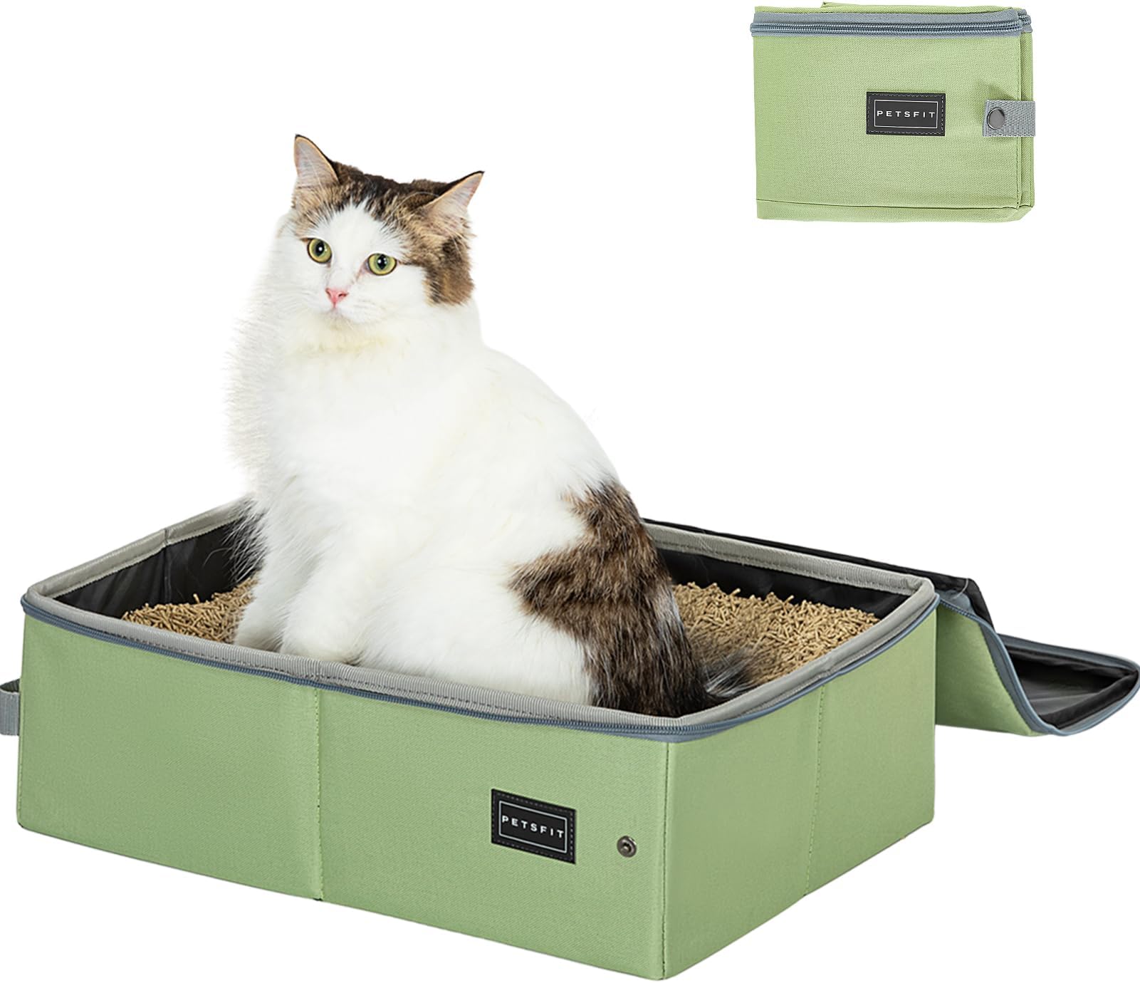 Portable Litter Box with Lid, Waterproof, Zipped, Standard Travel Size, Leak-Proof, Lightweight Green, 40cm x 30cm x 12cm