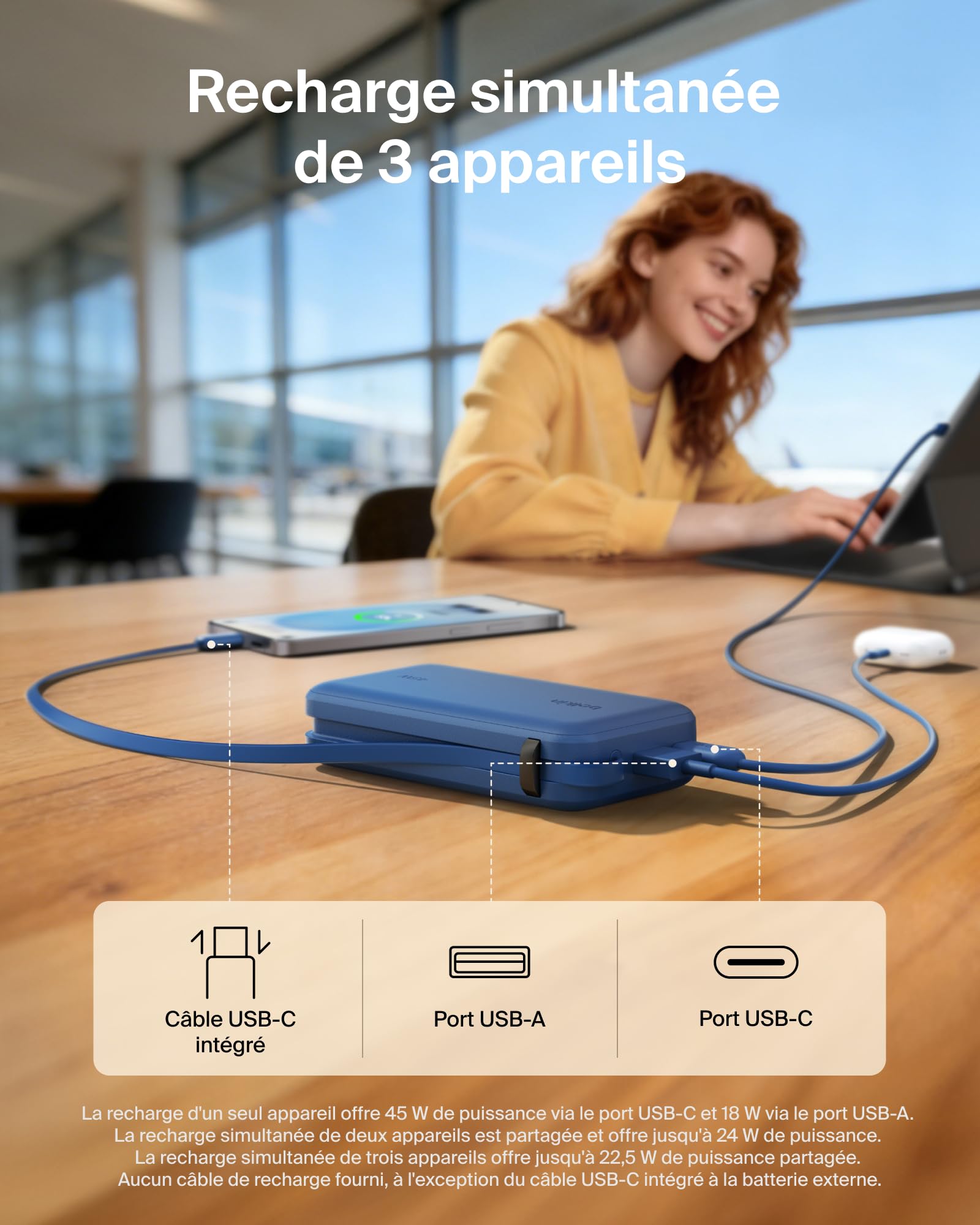 Belkin UltraCharge Batterie Externe 10K avec Câble USB-C Et Écran - Bleu