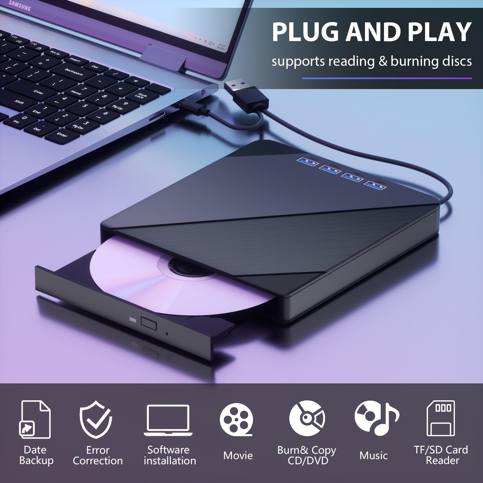 Unidad externa de CD y DVD 7 en 1, 4 puertos USB y ranuras para tarjetas TF/SD, USB 3.0, reproductor de CD/DVD, grabadora de disco portátil para laptop, MacBook, PC, Windows 11/10/8/7, Linux OS