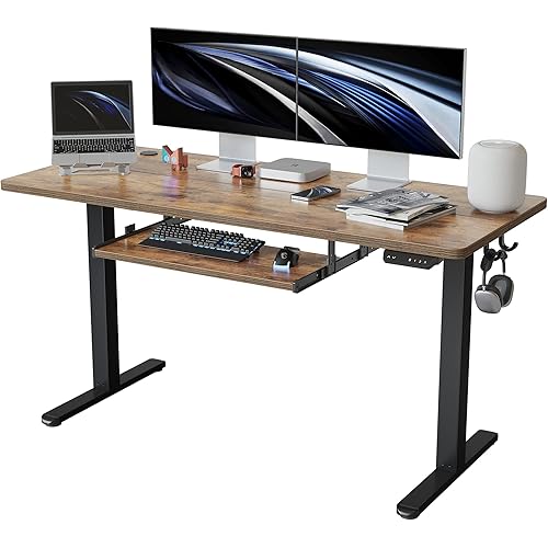 FEZIBO 55-Inch Large Height Adjustable Electric Standing Desk with Keyboard Tray, 55 x 24 Inches Sit Stand up Desk with Splice Board, Black Frame/Rustic Brown Top
