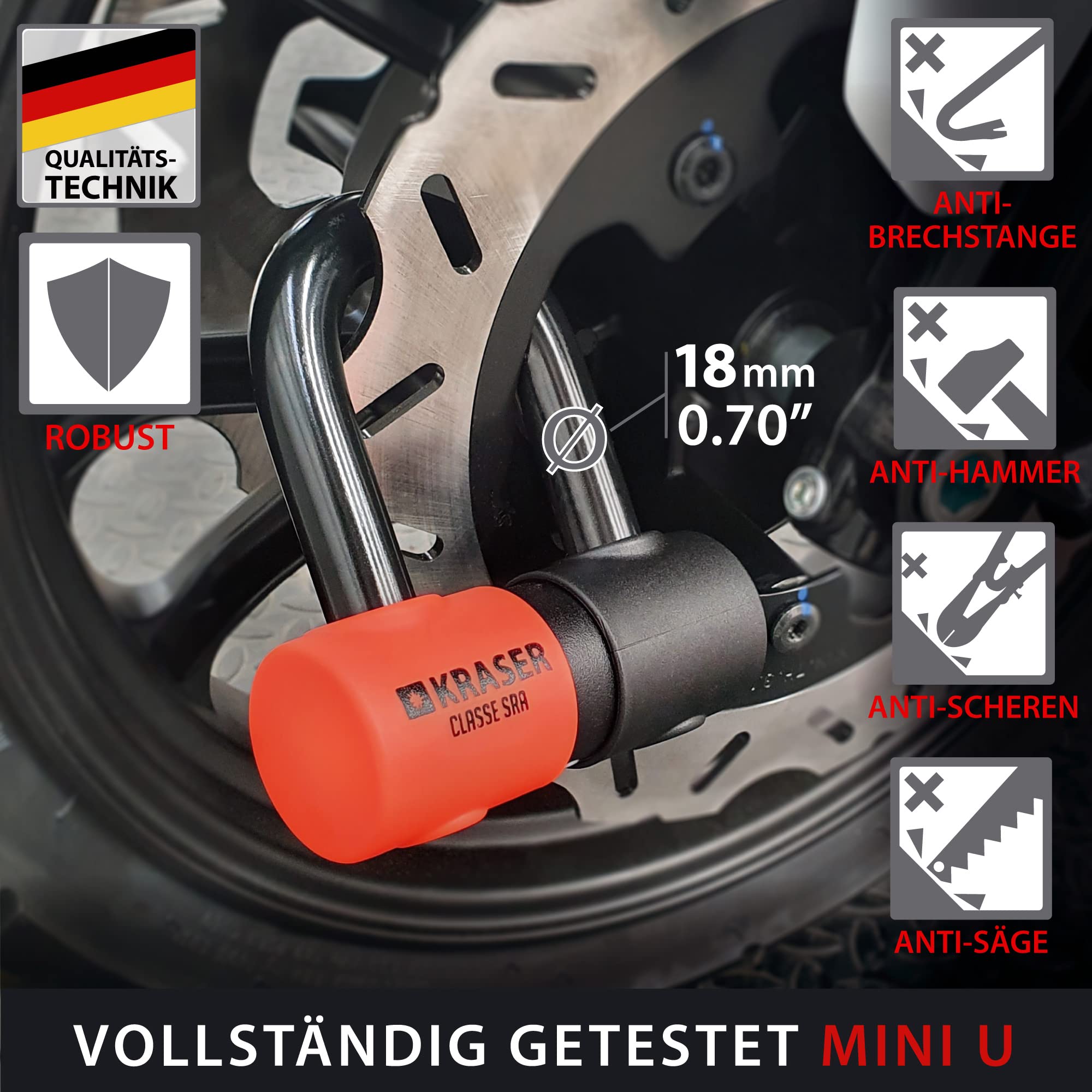 KRASER KR50+120L Motorradkette Diebstahlsicherung + Vorhängeschloss SRA Homologierte Anti-Diebstahl-Set Mini U Solid Ø18 Bausätze Kettenschlaufensystem 120 cm Ø10 Elektrisches Fahrrad