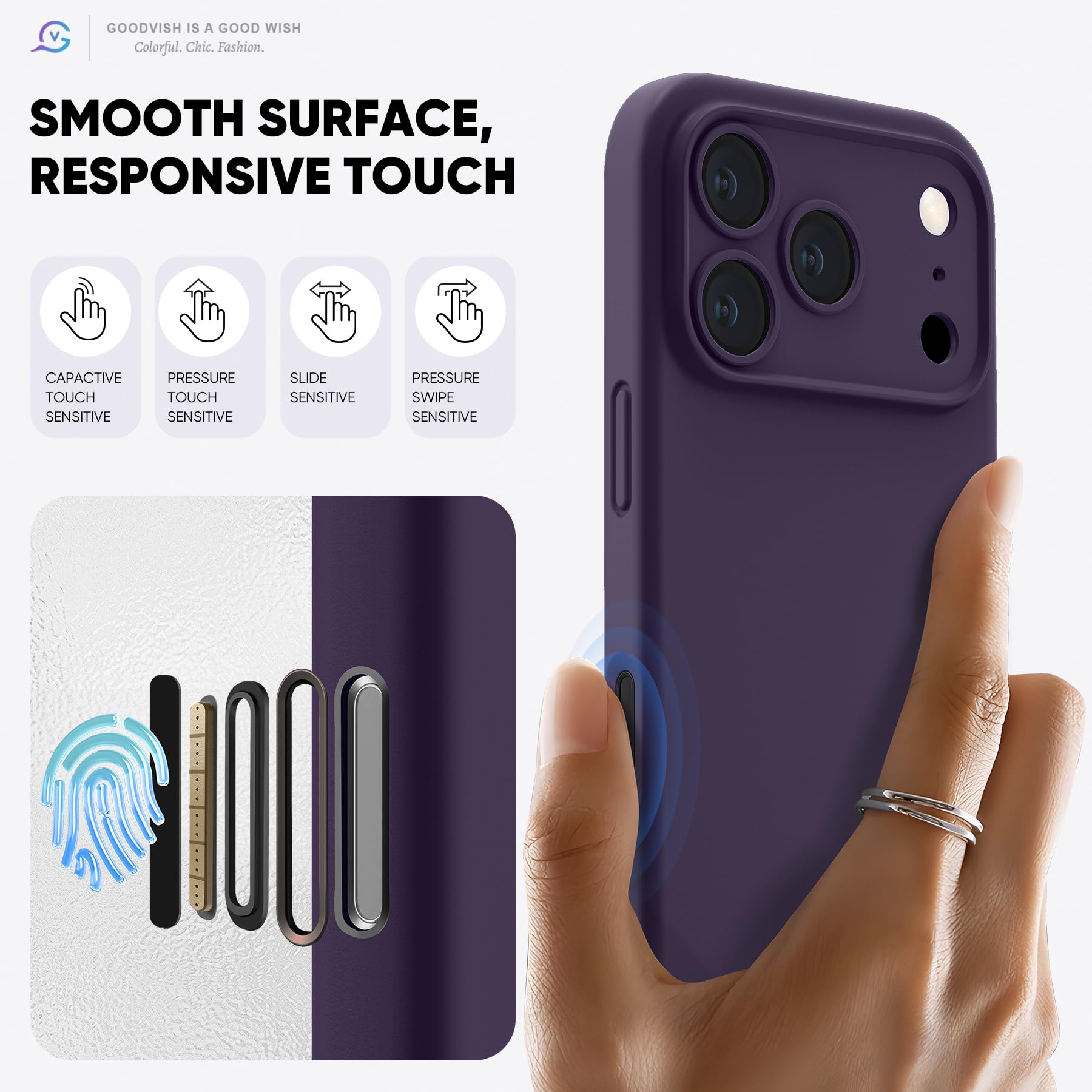 GOODVISH Silicone Cover per iPhone 17 Pro 6.3", Custodia con 2x Vetro Temperato [Pulsante Controllo Fotocamera] 360° Protezione Anticaduta Case per Cellulare Antiurto Resistente, Viola Scuro