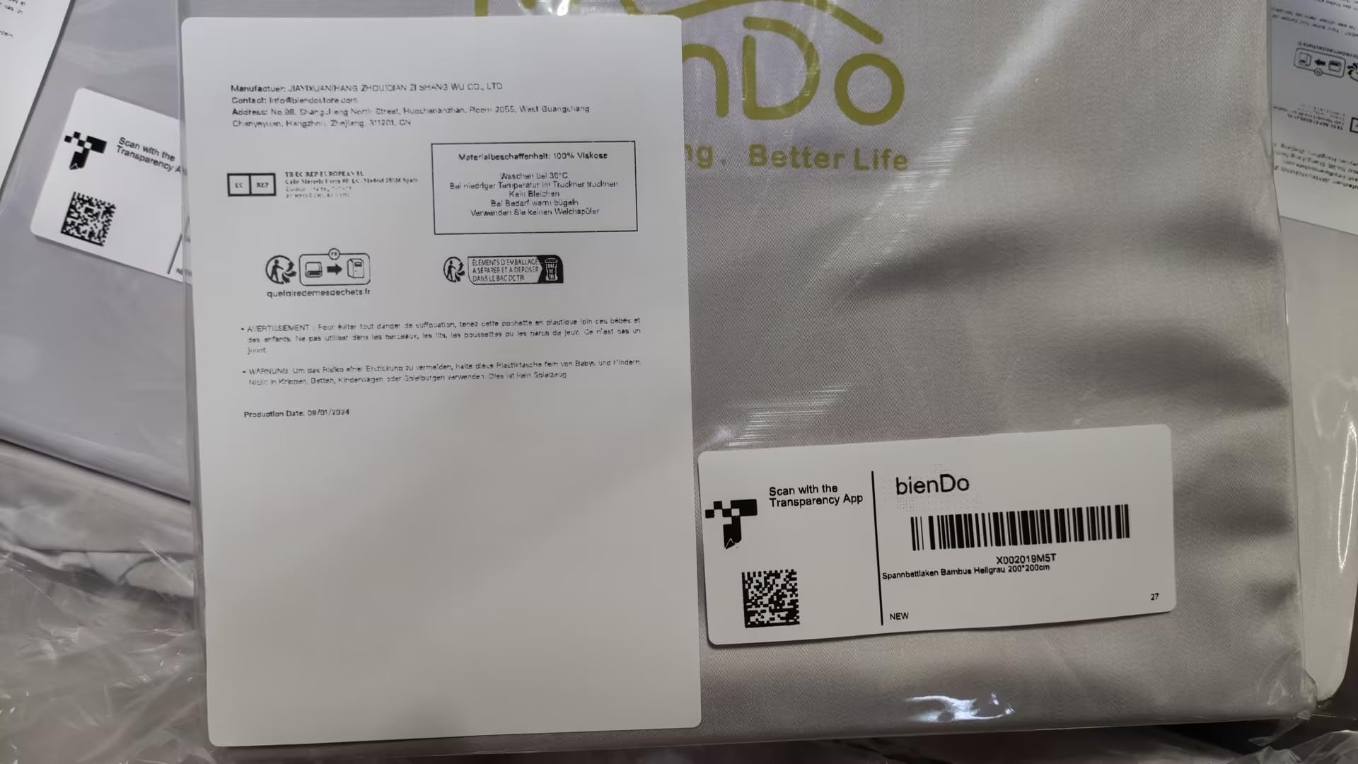 Prześcieradło z gumką bienDo 200x200, do łóżek typu Boxspring, jasnoszare, bambusowe, 35 cm głębokości, dla wysokich materacy, topper super miękki jak bawełna egipska, hipoalergiczne i oddychające