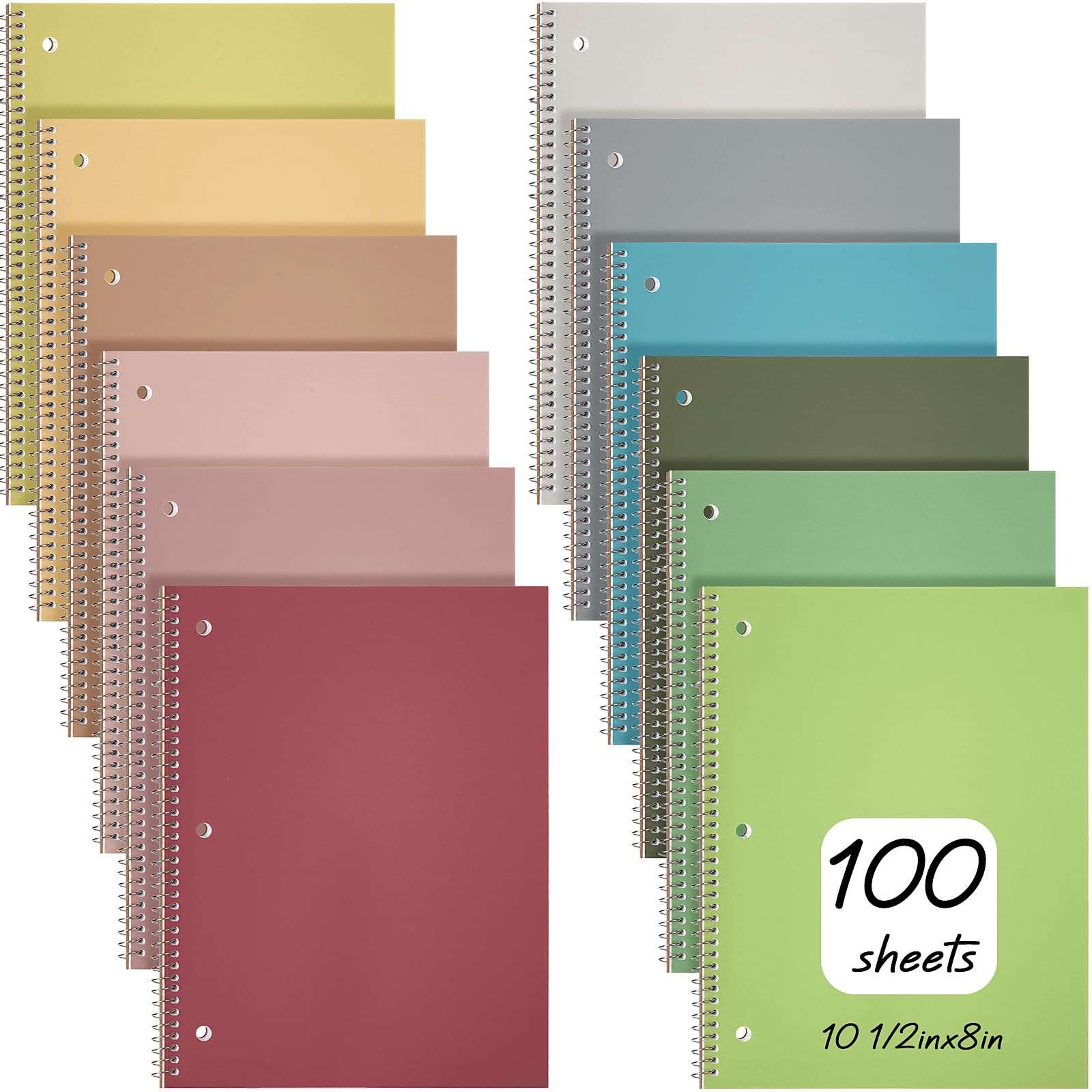 Teling 12 Pcs 1 Subject Spiral Notebook for Work College Ruled 8 x 10 1/2 Inch Spiral Journal Notebook 3 Hole Punched Paper Easy Tear Line 100 Sheets