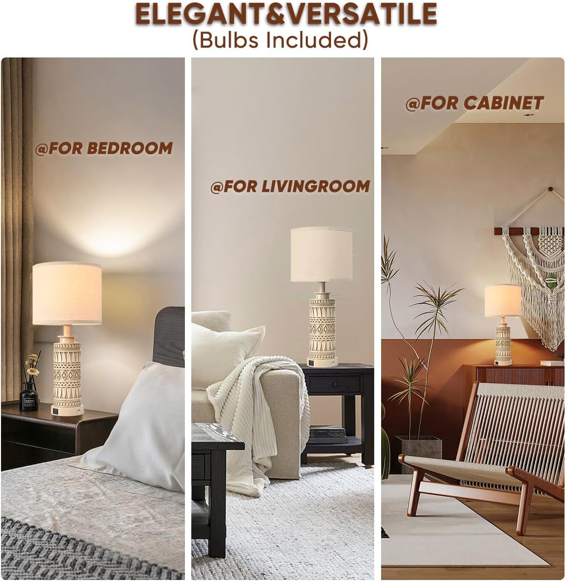 23IN Table Lamps for Living Room Set of 2 End Table Lamps Touch Control Table Lamp Dimmable Bedside Lamps USB A+C Ports Farmhouse Bedroom Lamp for Nightstand, Bulbs Included