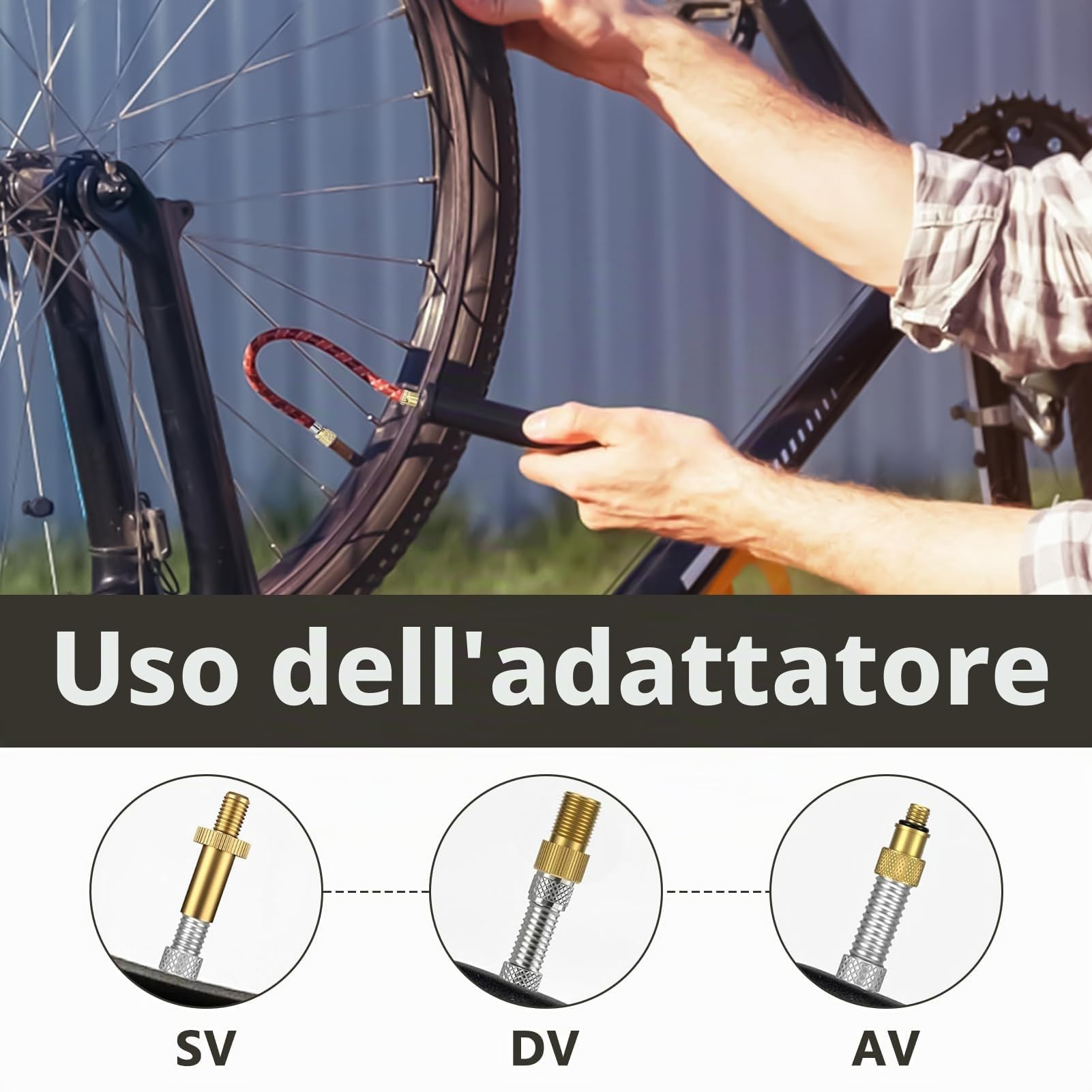 Adattatore Valvola Presta Universale 8 Pezzi per Palloni Auto Bici Gonfiaggio SV DV AV Prolunga Tubo Aghi Compressori Aria