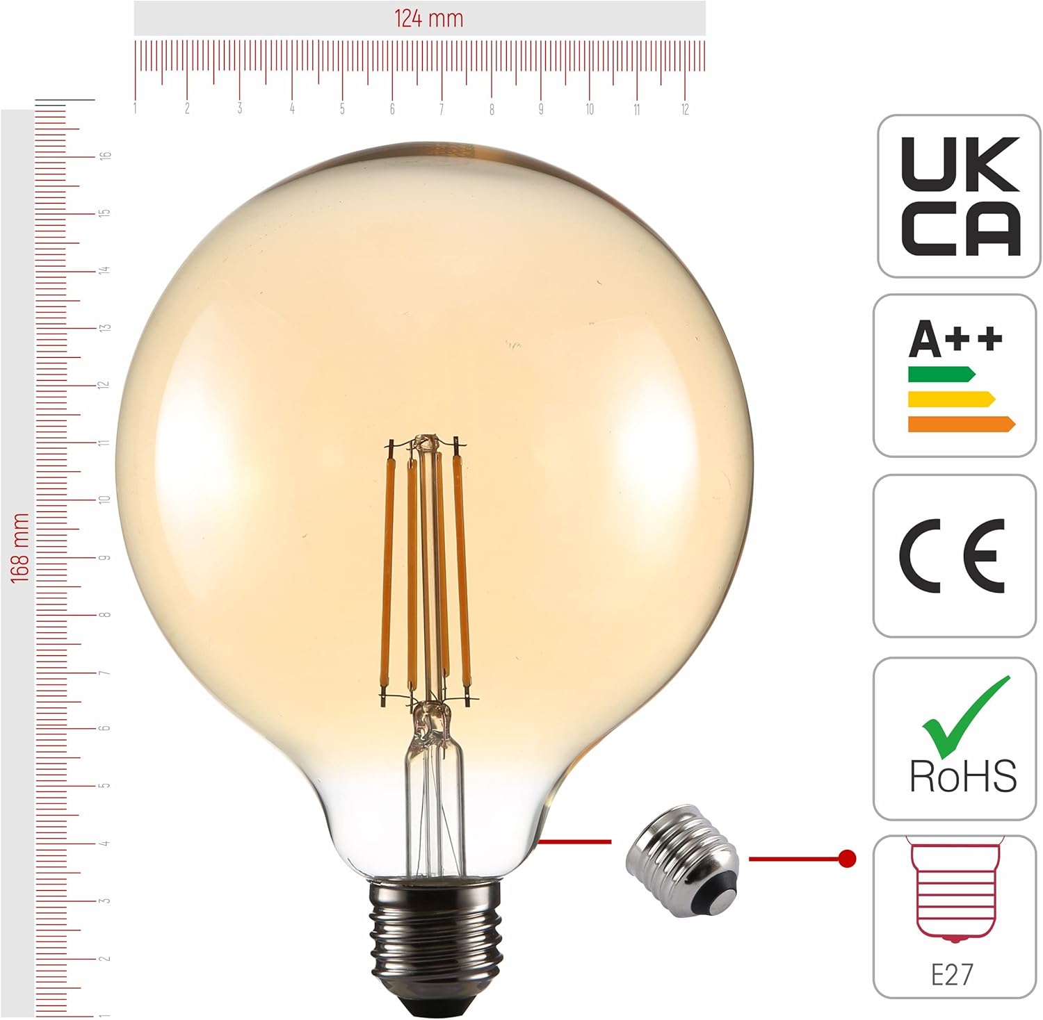 TEKLED G125 E27 Large LED Globe Bulb, 6.5W, 2400K Warm White Amber Tint, Vintage Edison, Non-Dimmable, Pack of 2 - Image 3